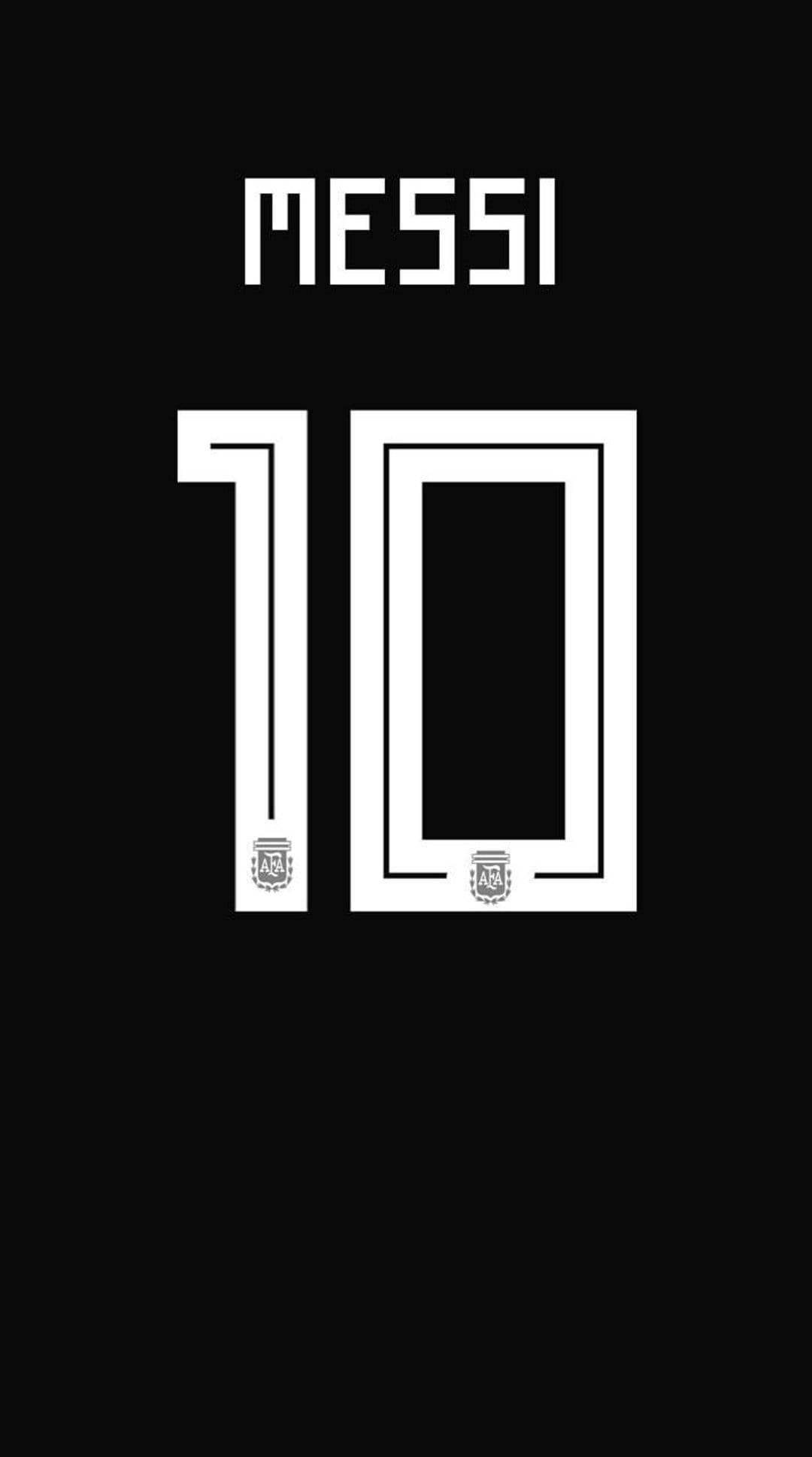 Lionel Messi's name and jersey number ten in white block text with small AFA logos on a solid black background.
