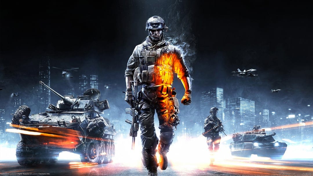 Tactical soldier walking between a tank and armored vehicle in a blue and orange urban night battlefield.