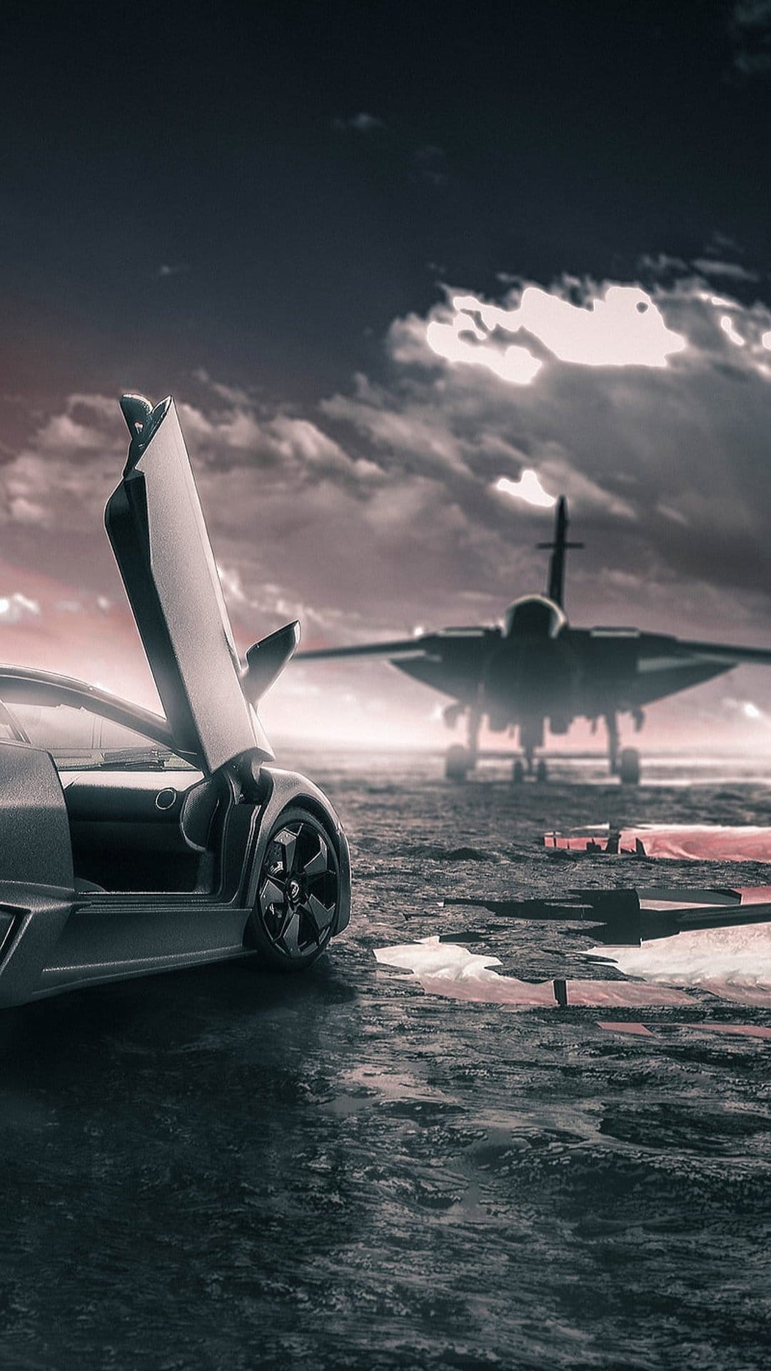 Supercar with open doors on wet tarmac near a parked jet aircraft under a dark, moody sky with red reflections.