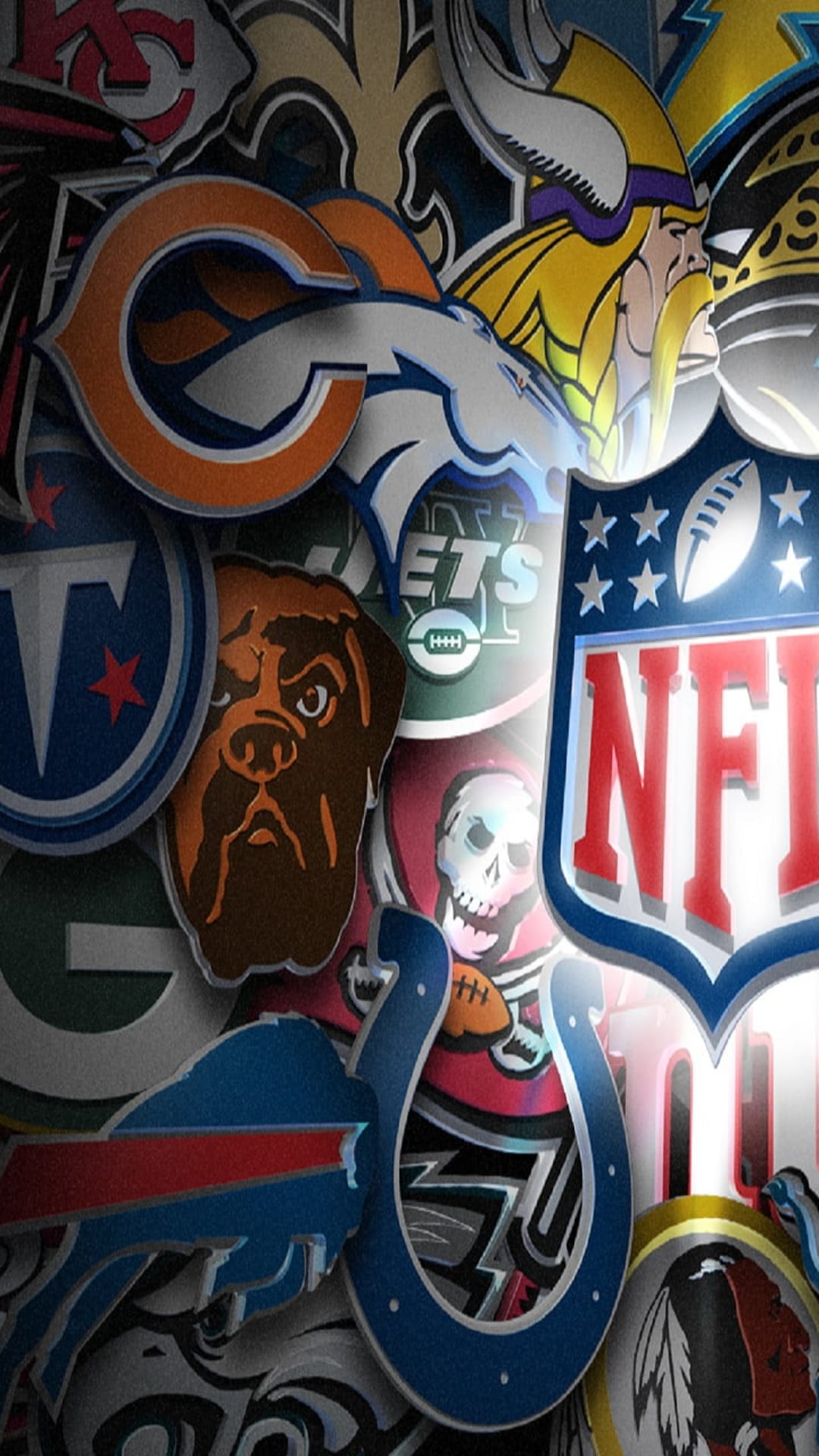 NFL franchise logos and team insignias arranged in a colorful, dense mosaic pattern for vertical mobile displays.