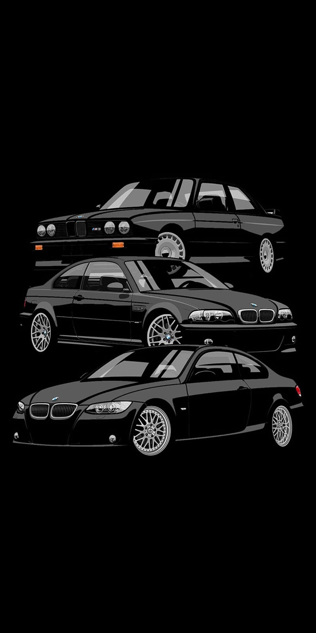 Three BMW M3 car generations stacked vertically against a solid black background in a minimalist grey art style.