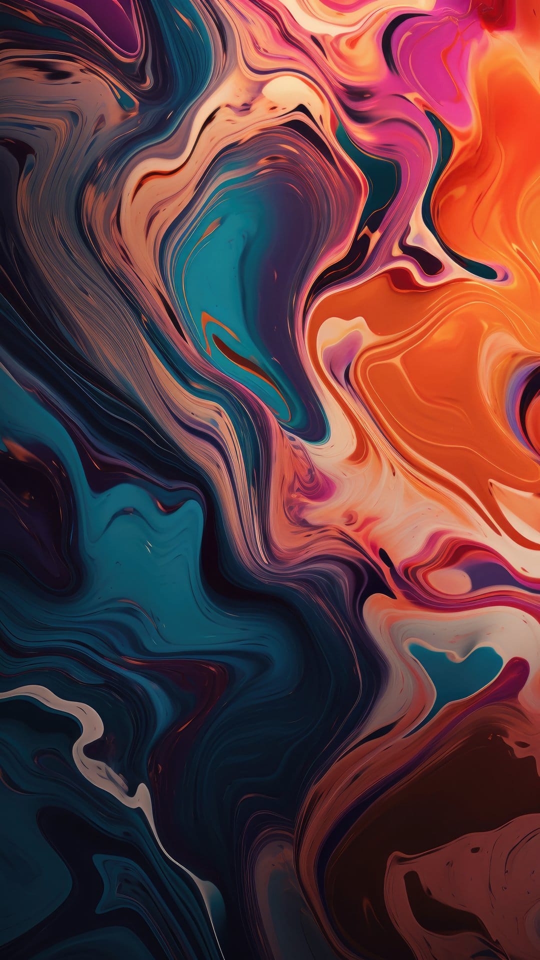 Flowing swirls of teal, orange, and pink paint intermingle in a marbled pattern with deep blue and white accents.