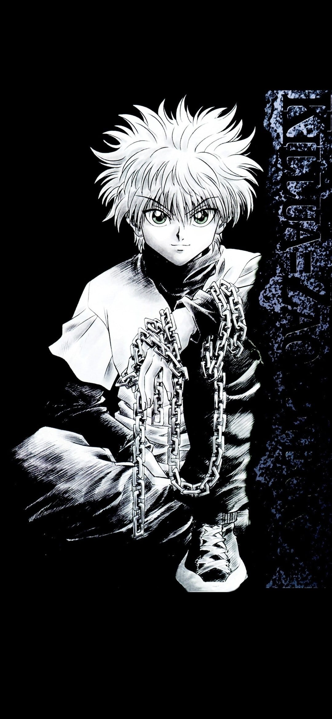Killua Zoldyck with spiky hair holds a thick metallic chain with an intense, focused expression in monochrome.