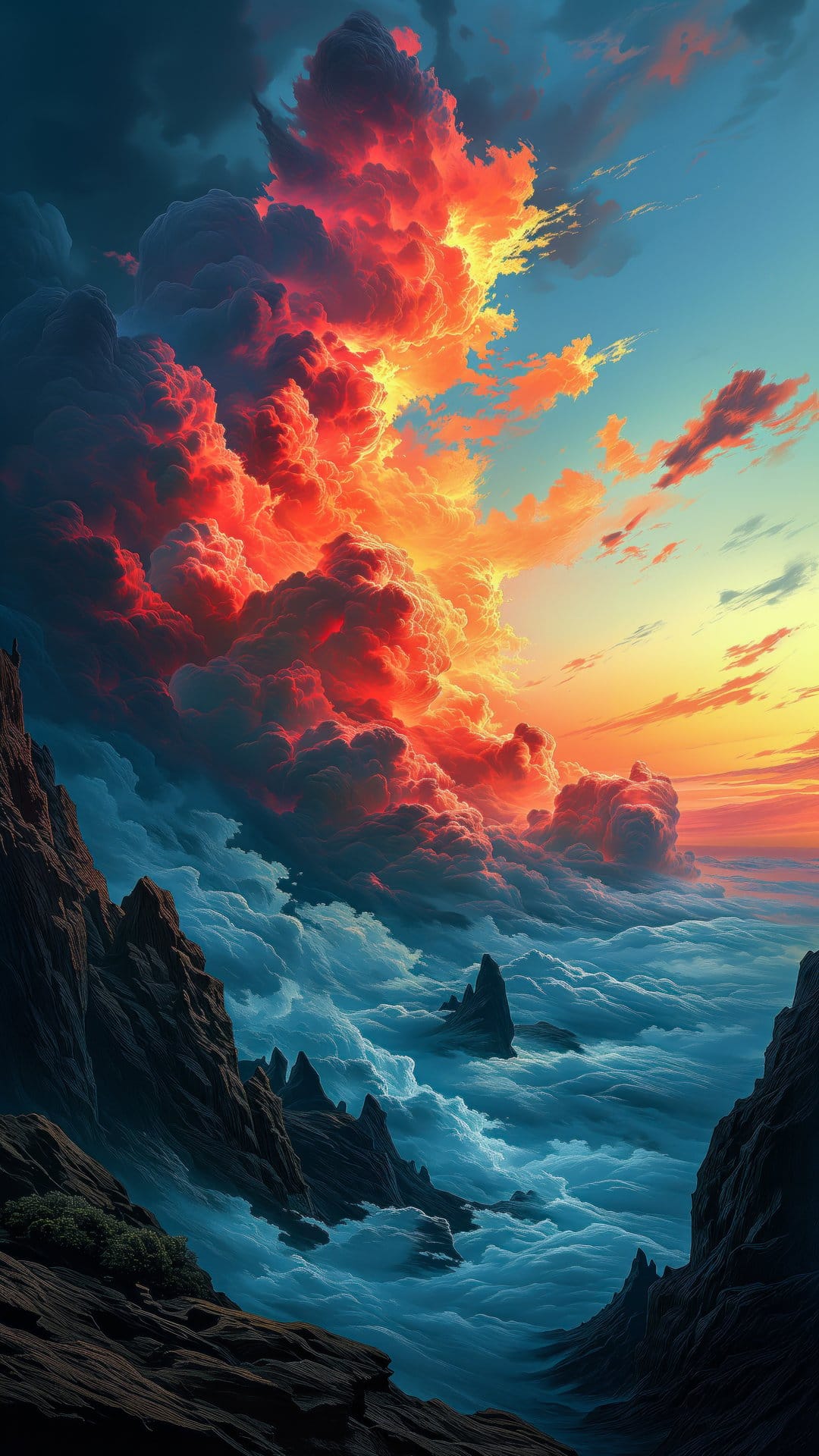 Jagged dark mountain peaks pierce through thick blue fog under a sky filled with glowing orange and red clouds.