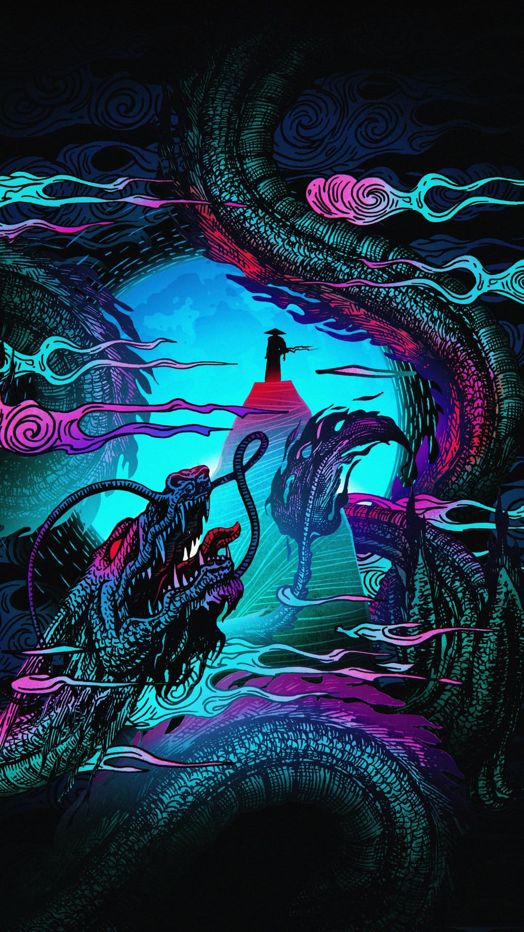 Teal and magenta dragon coils through pink cosmic clouds above a solitary figure atop a red pyramid.