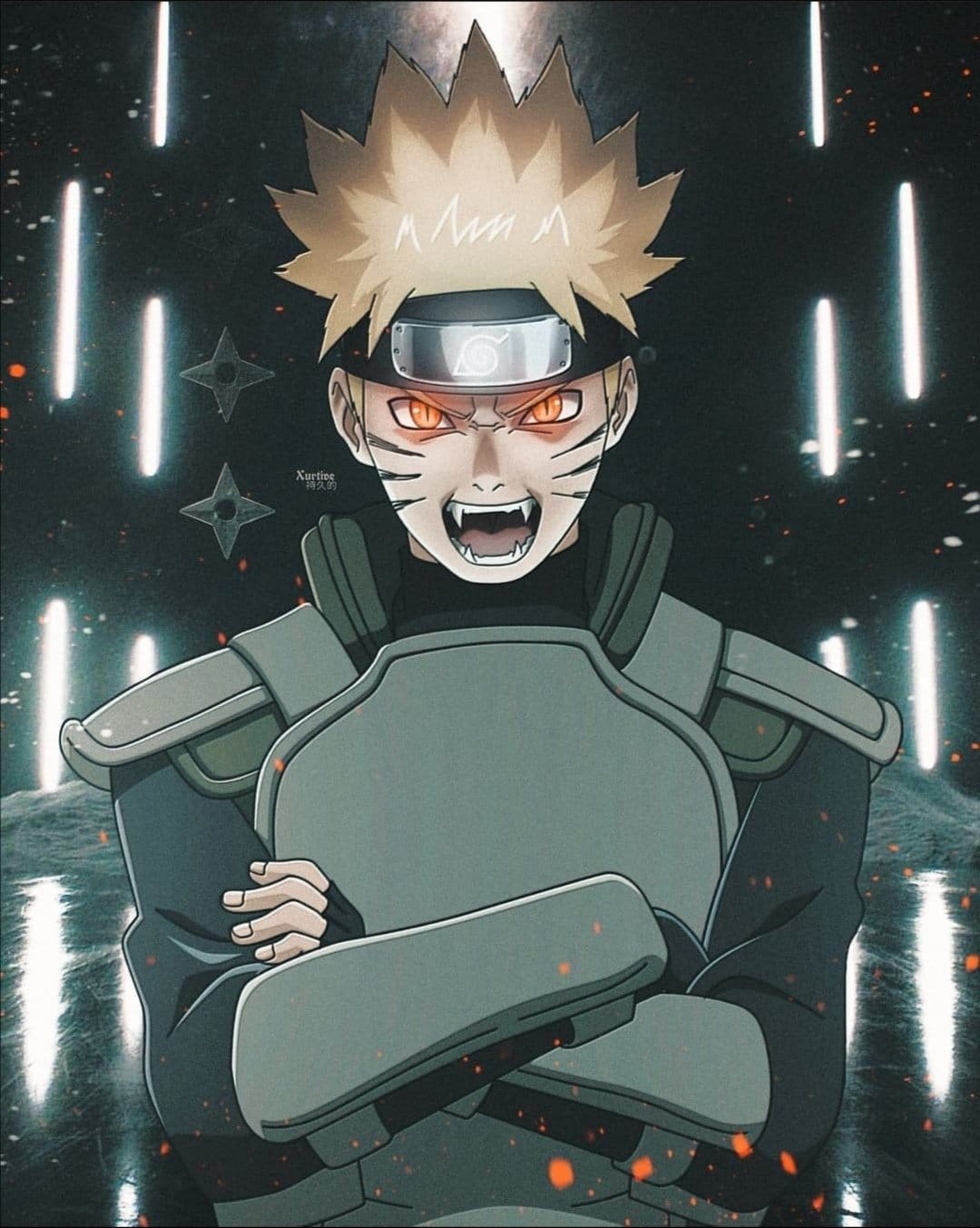 Naruto Uzumaki in armored Kurama mode with glowing orange eyes, bared fangs, and floating shuriken in the dark.