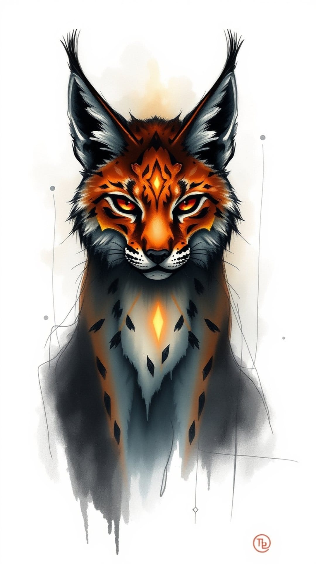 Lynx with glowing orange eyes and teal facial markings amidst abstract watercolor splashes and fine line art.