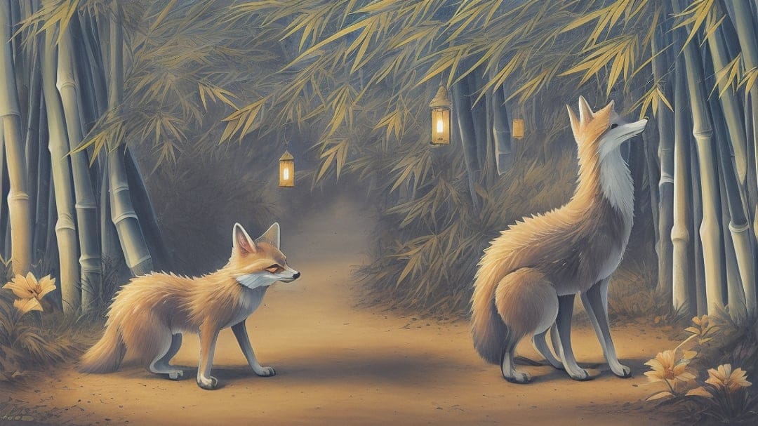 Two foxes stand on a path beneath lanterns hanging from bamboo stalks in a misty, twilight forest setting.