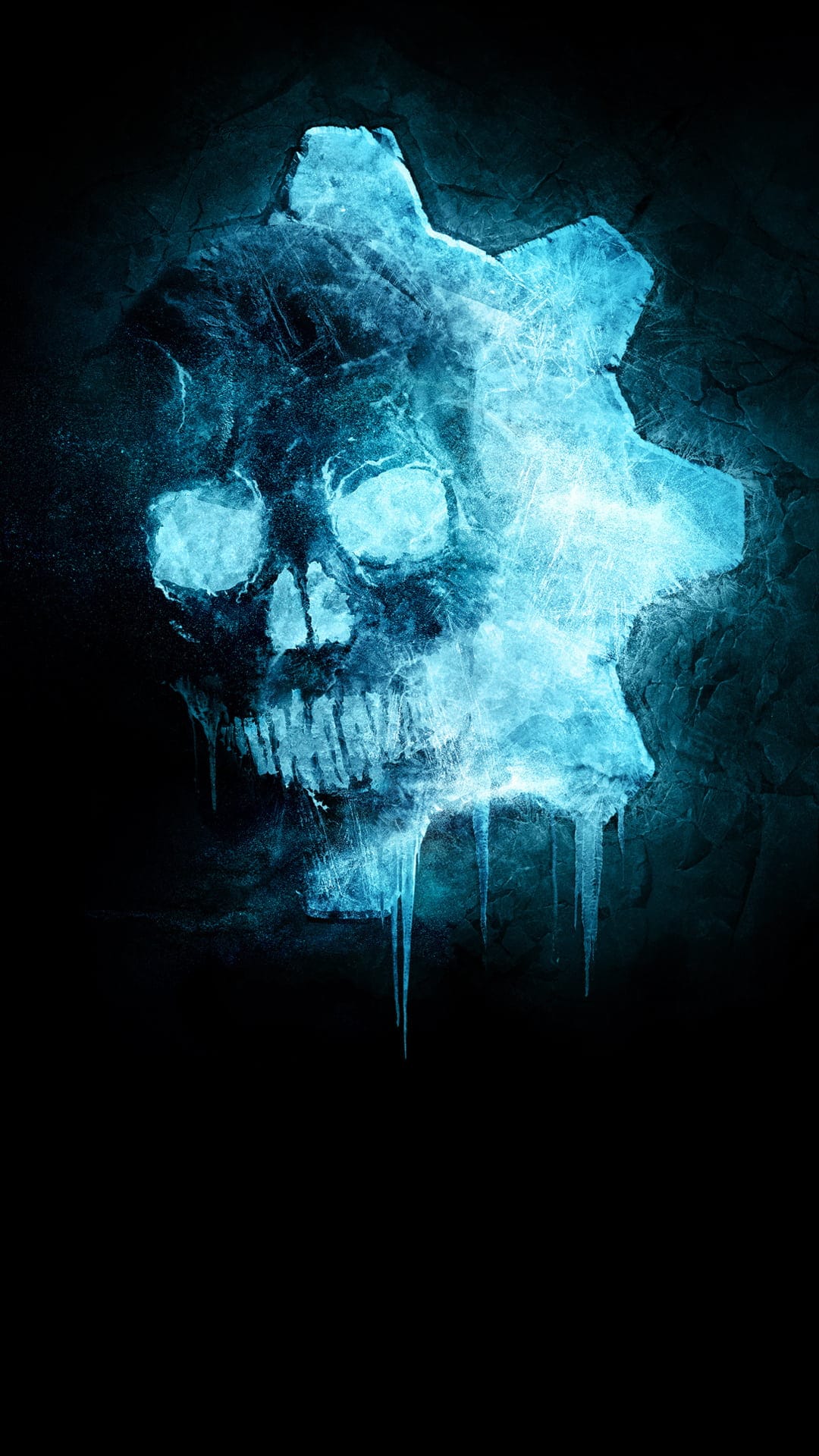 Blue glowing skull with hanging icicles and ethereal frost wisps against a dark textured vertical background.