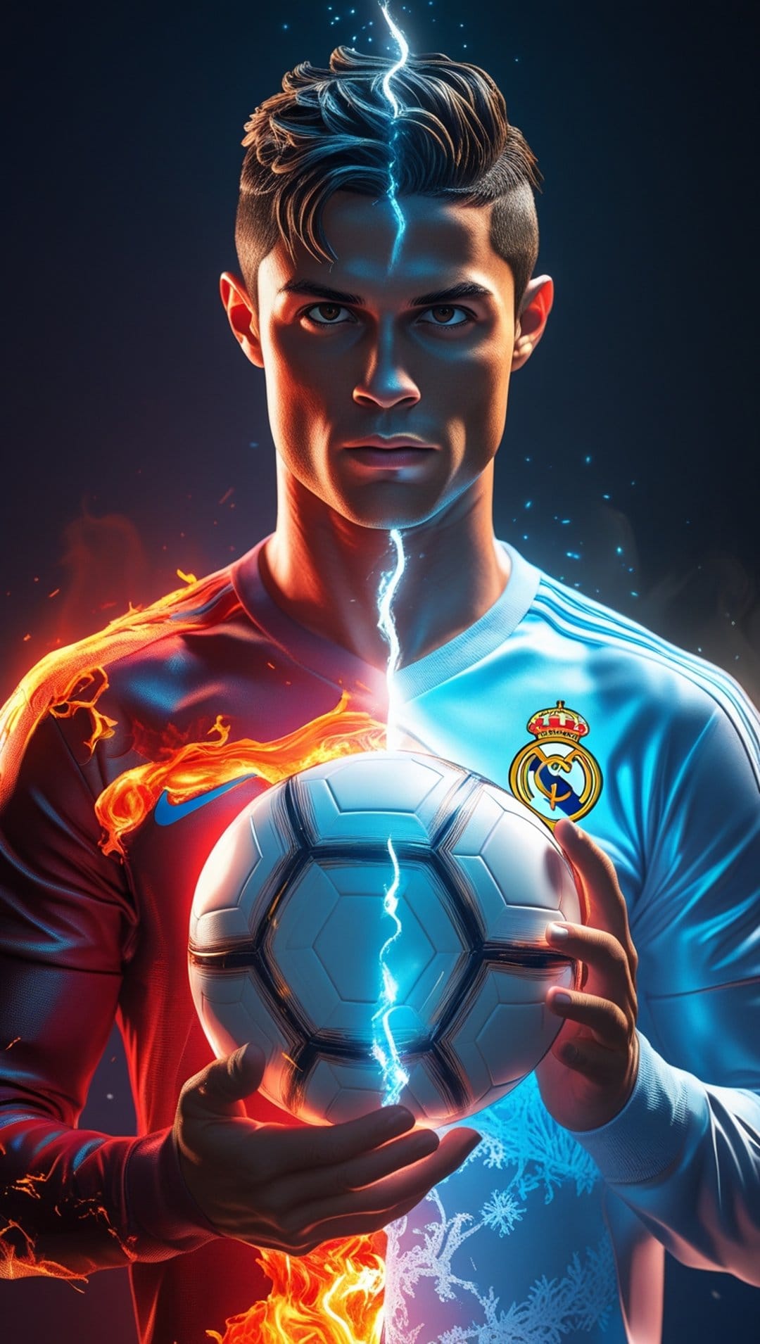 Cristiano Ronaldo holds a glowing soccer ball while split between red fire and blue lightning effects.