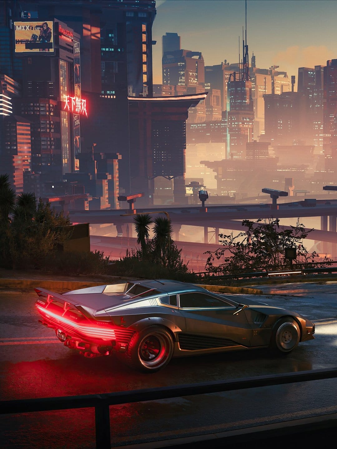 Futuristic sports car with red taillights parked on a wet road overlooking a glowing cyberpunk city at sunset.