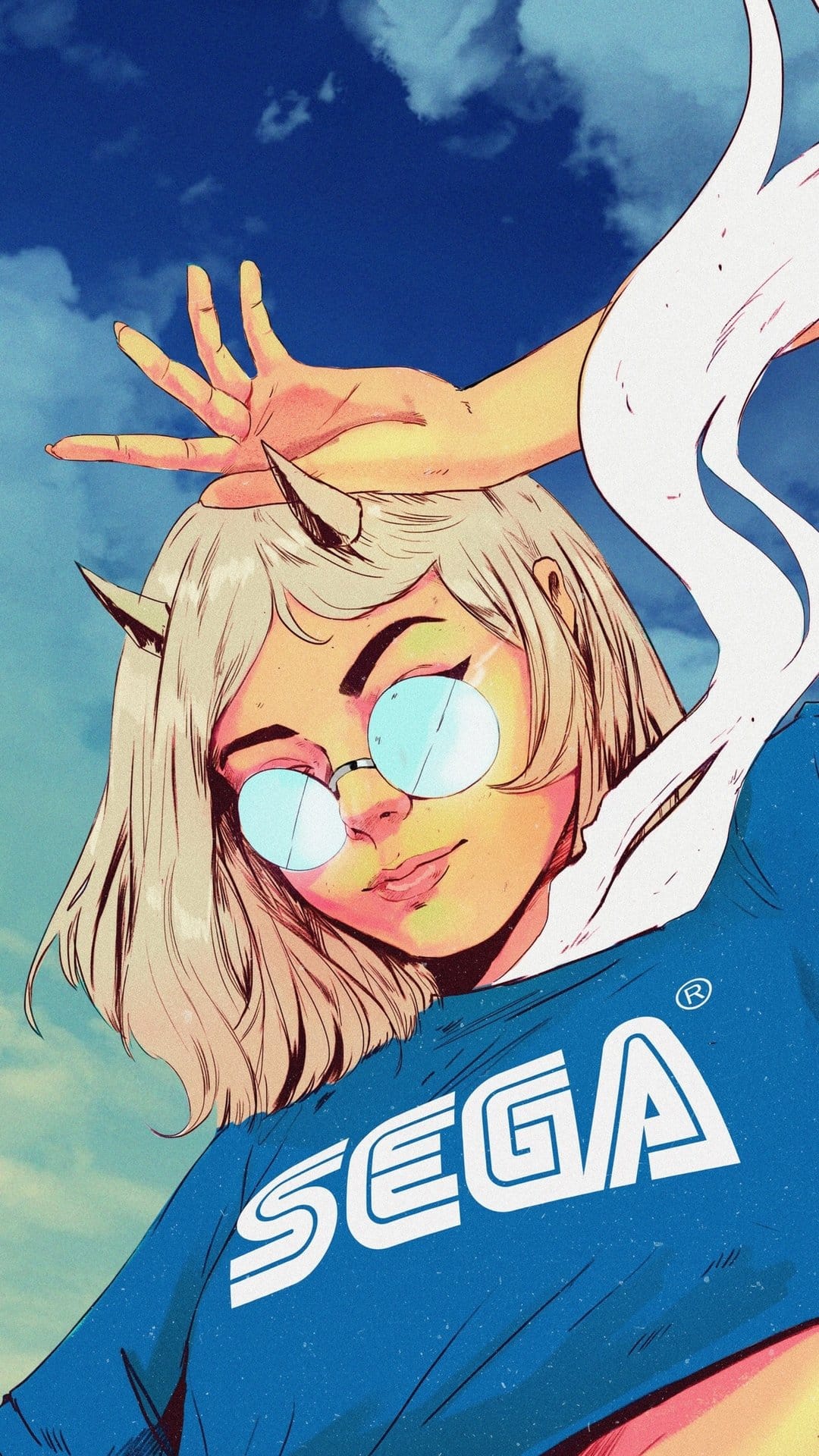 Short blonde haired girl with horns wearing round glasses and a blue Sega shirt under a bright cloudy blue sky.