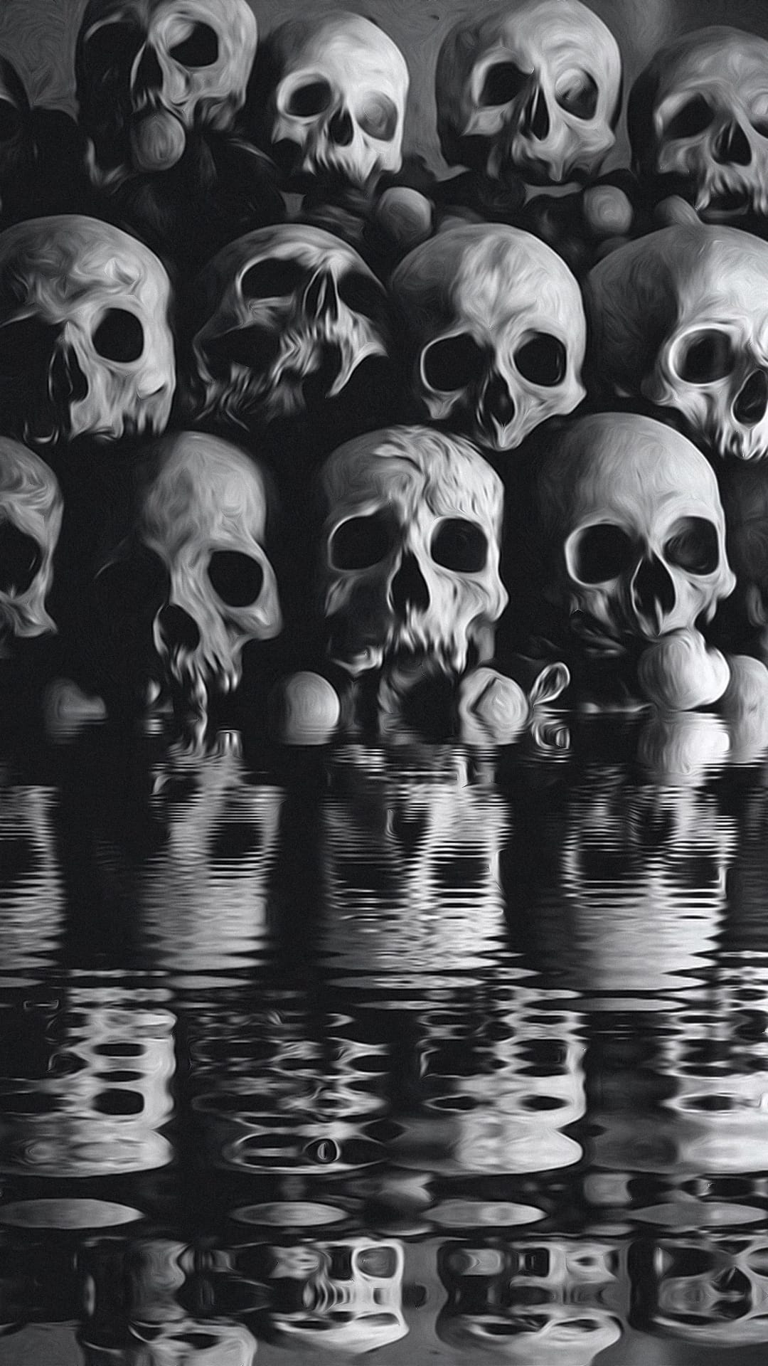 Human skulls reflected on dark rippling water featuring a high-contrast monochrome aesthetic and bone textures.