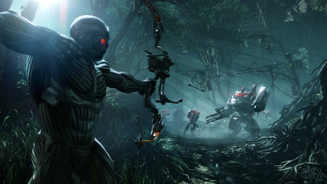 Soldier in a high-tech armored suit aims a compound bow at robotic aliens in a dark, overgrown city jungle.