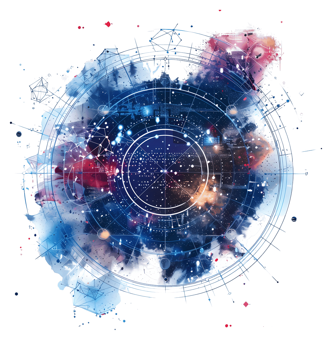 Galaxy nebula illustration featuring glowing blue purple star clusters and white constellation patterns on black.