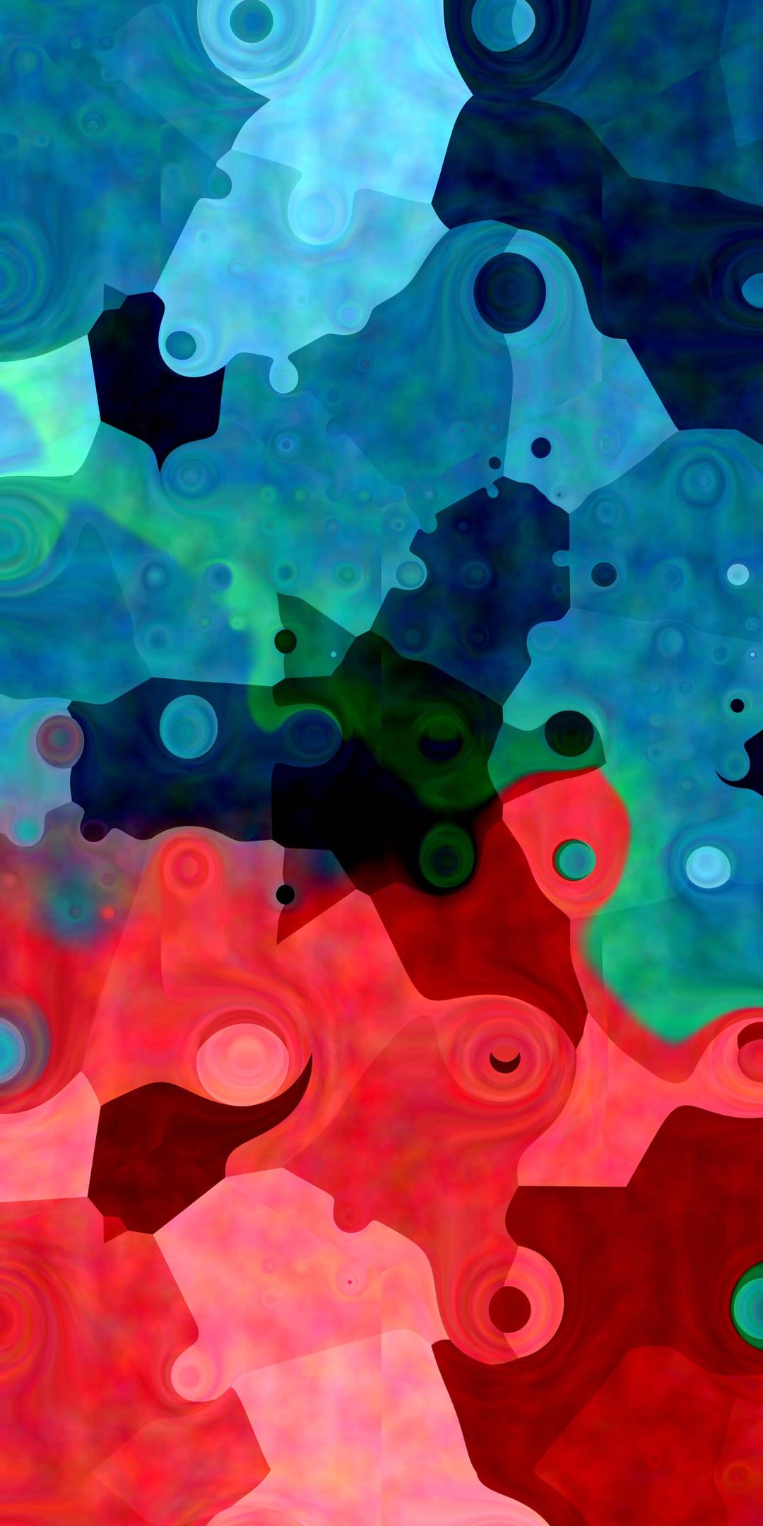 Crimson swirls and navy blue polygons interlock with emerald green shapes in a fluid, layered composition.