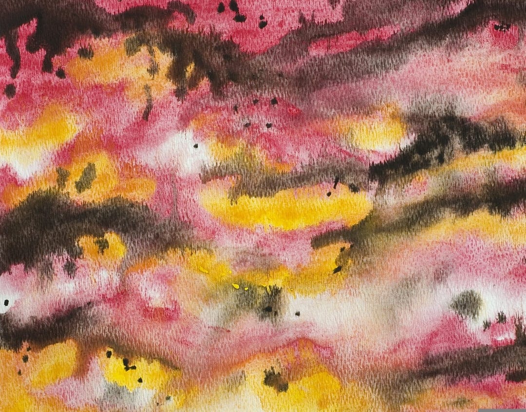 Pink, yellow, and dark brown pigments swirl in a textured celestial cloud pattern for tablet screen displays.