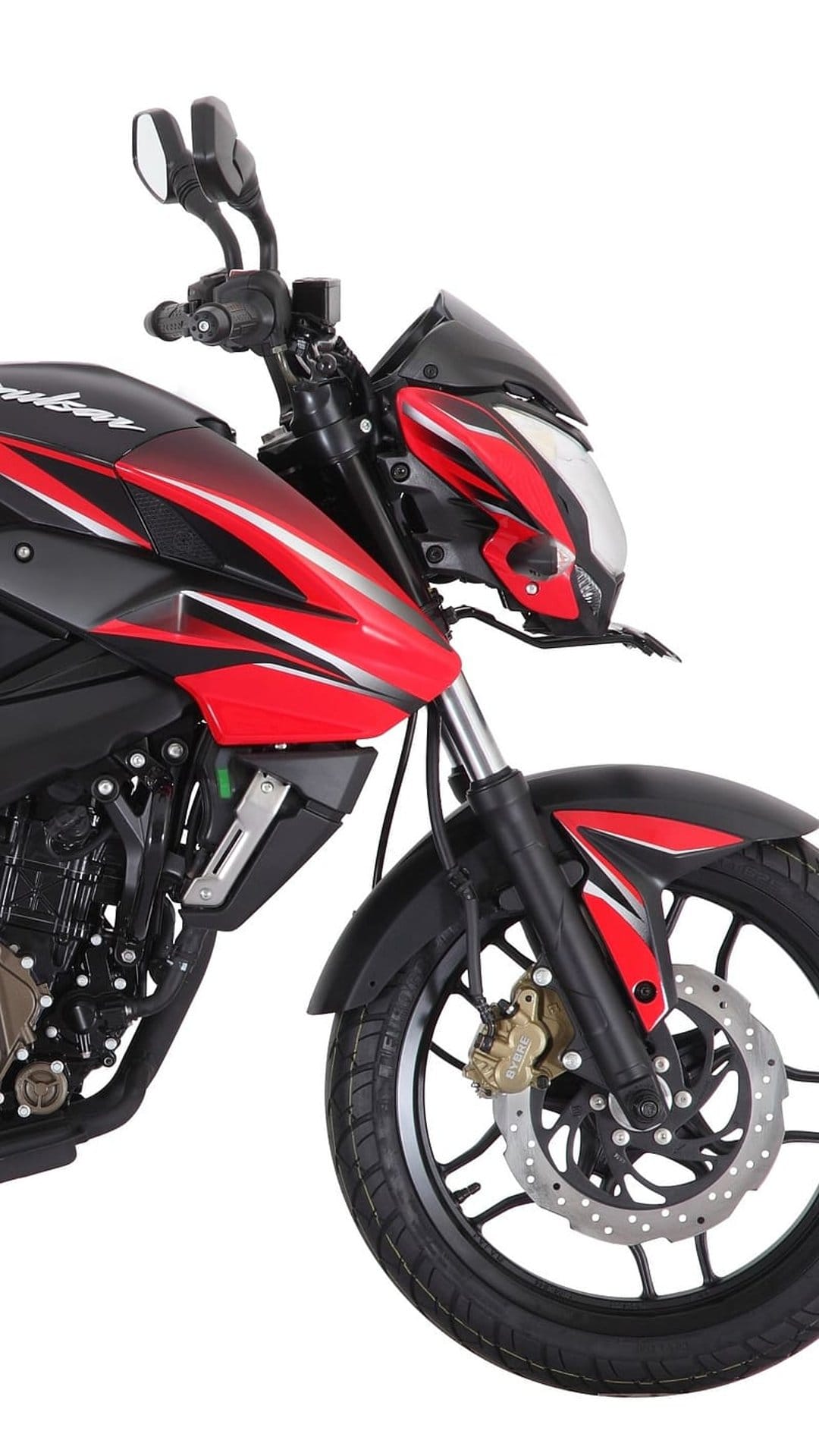 Red sport motorcycle front view featuring a sharp headlight and golden brake caliper against a white background.