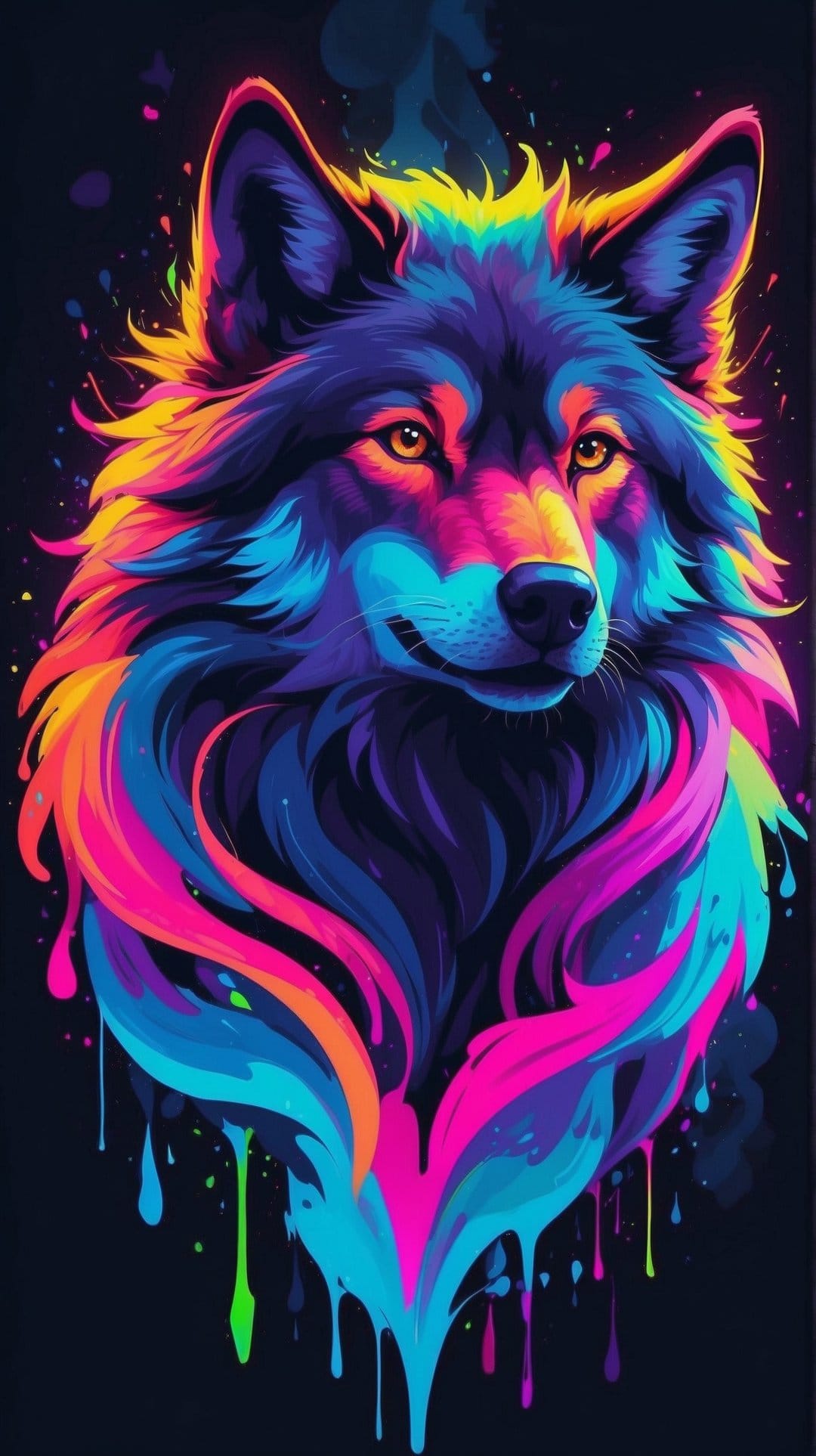 Wolf portrait with glowing blue and pink fur, featuring paint drips against a dark black background.