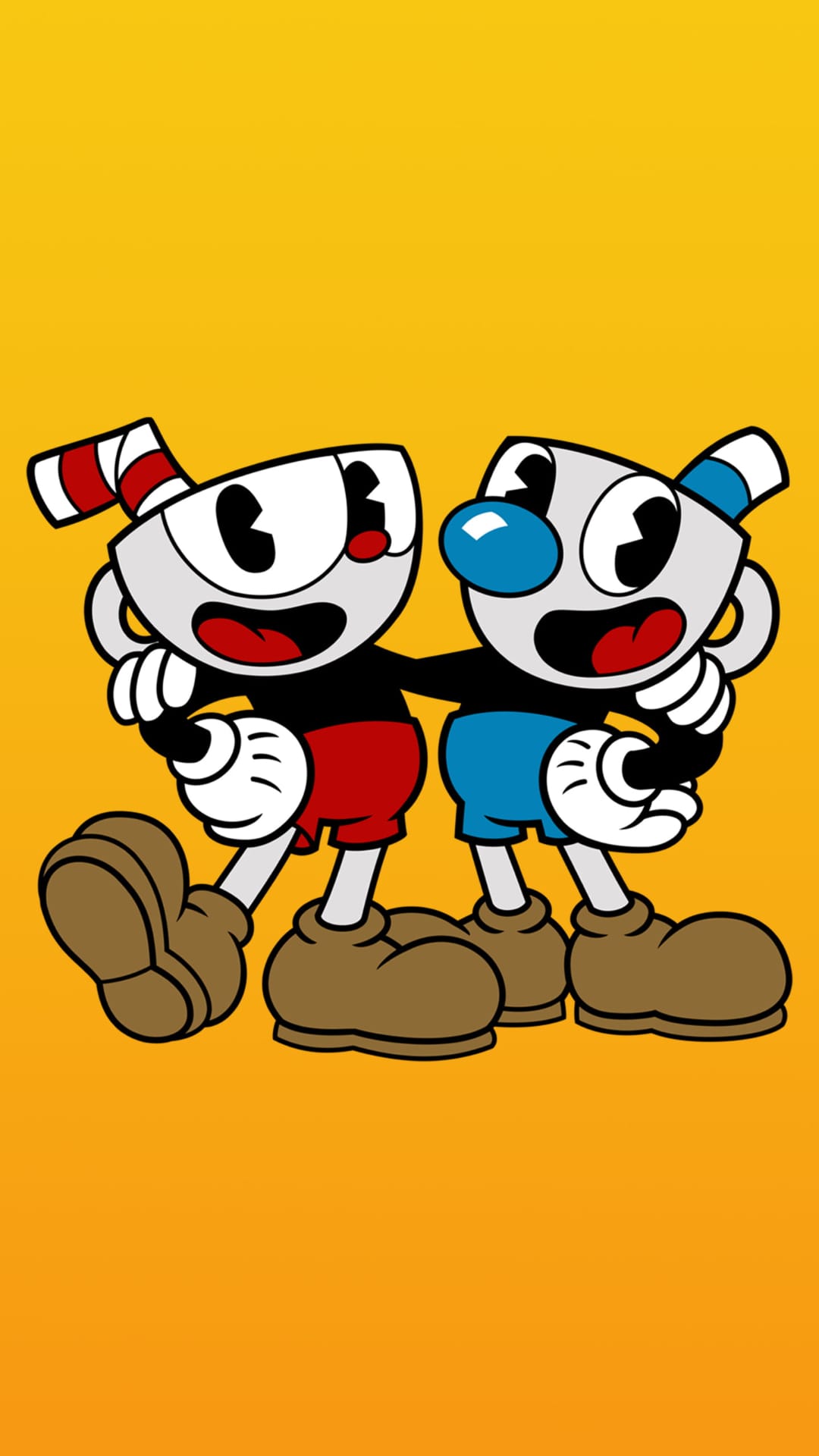 Cuphead and Mugman stand side-by-side with large eyes and white gloves against a solid orange background.