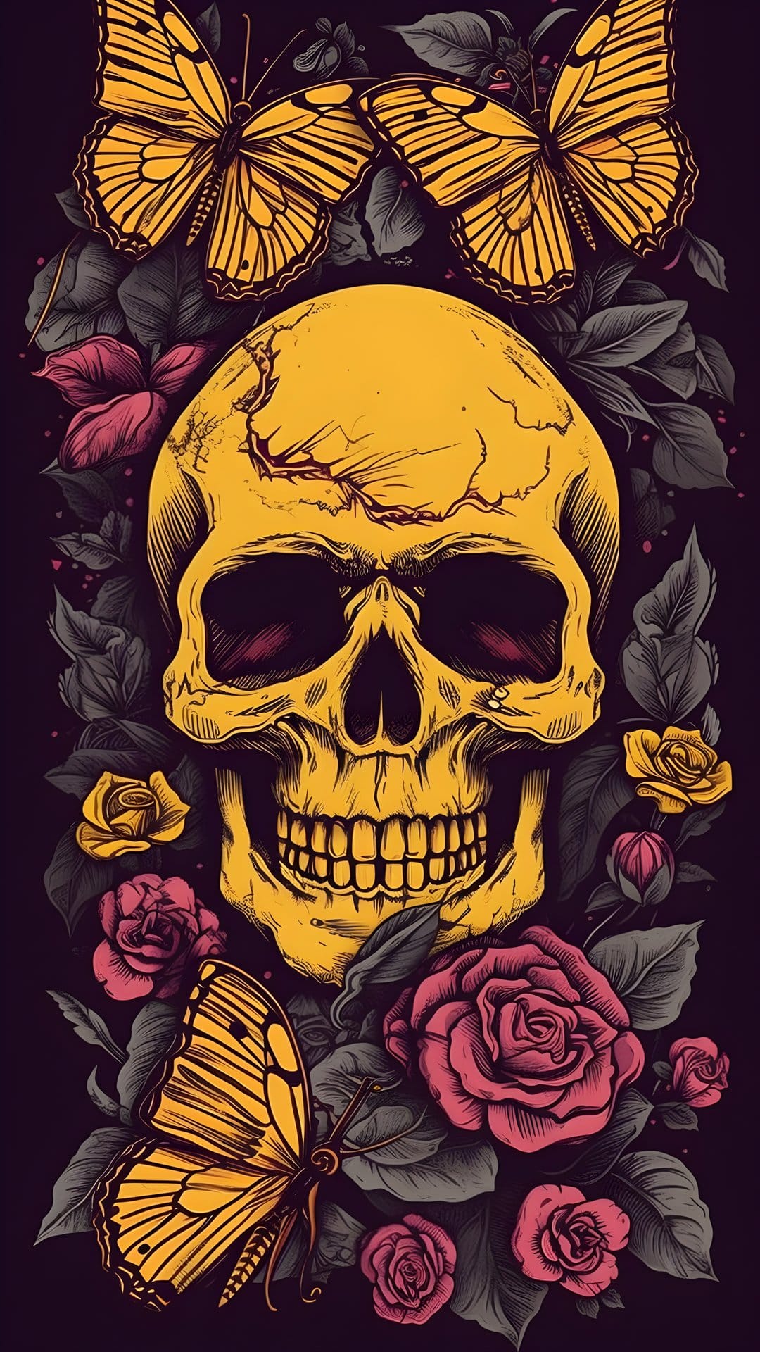 Yellow skull with cracks surrounded by pink roses and two large butterflies against a dark background.