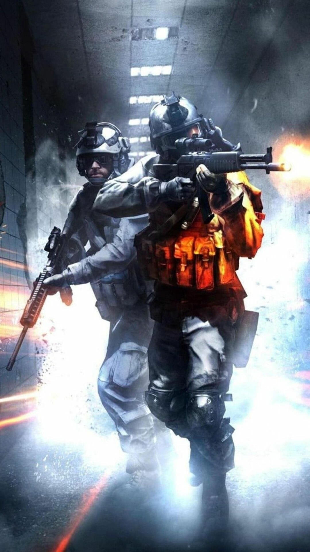 Two tactical soldiers in a dark corridor with bright muzzle flash, smoke, and orange light effects.