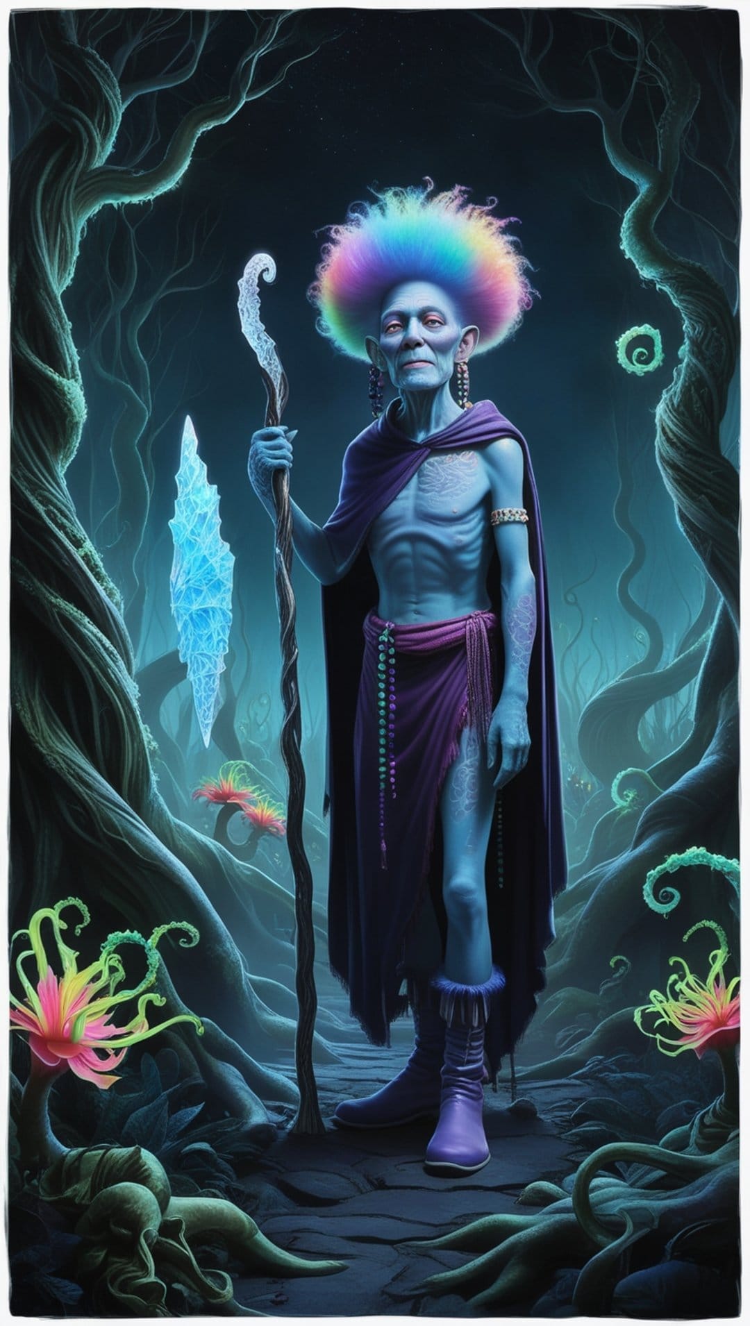 Blue-skinned forest spirit with a rainbow afro holds a glowing crystal staff among bioluminescent plants.