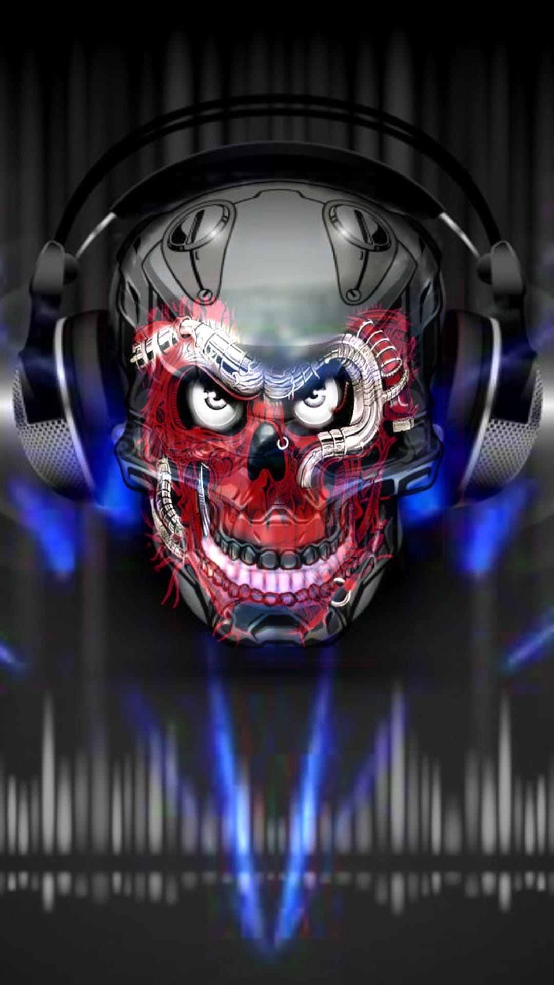 Mechanical skull wearing large headphones with red internal glow and blue neon audio wave effects.