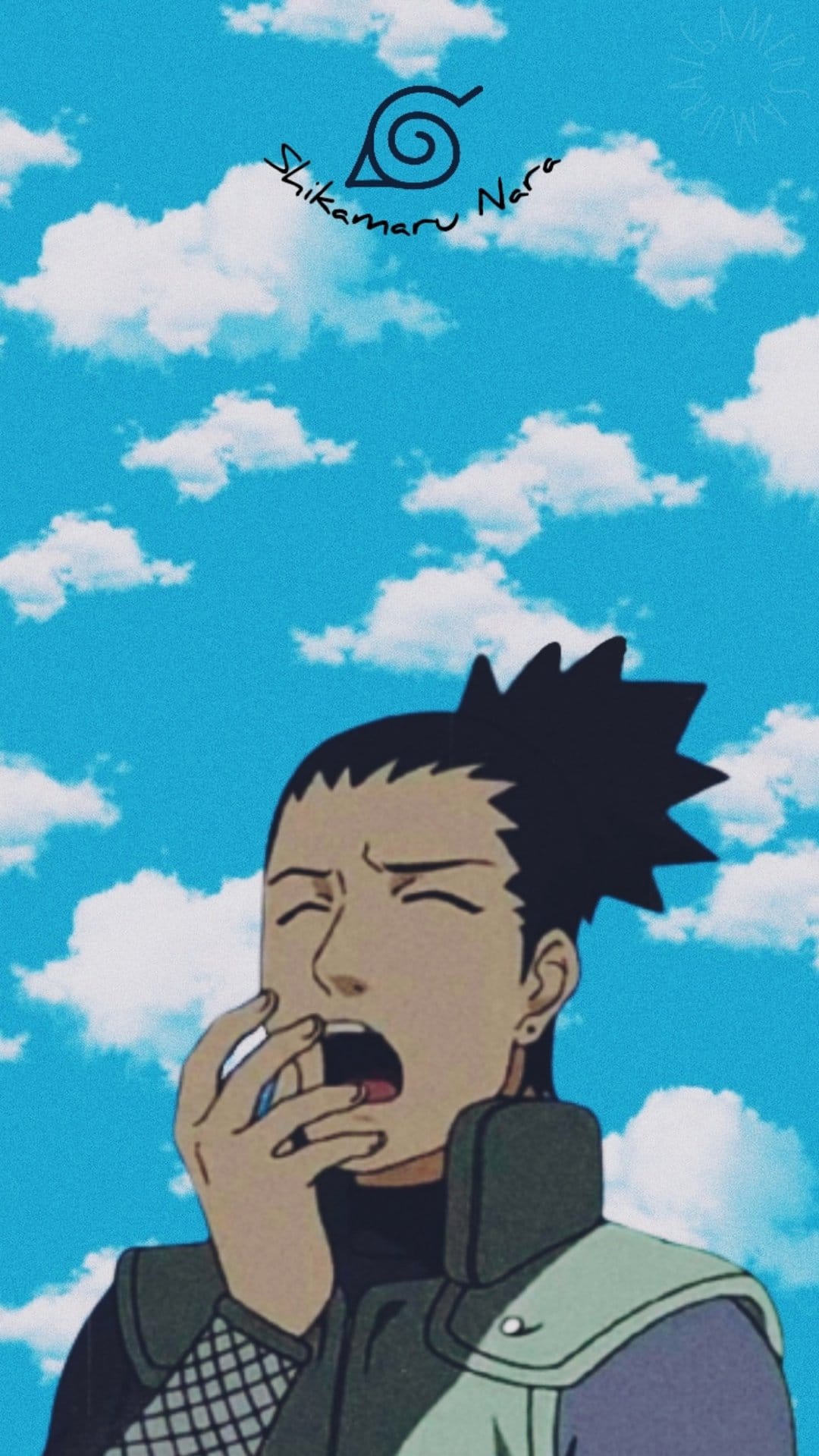 Shikamaru Nara yawning with closed eyes against a bright blue sky filled with white clouds and a village symbol.