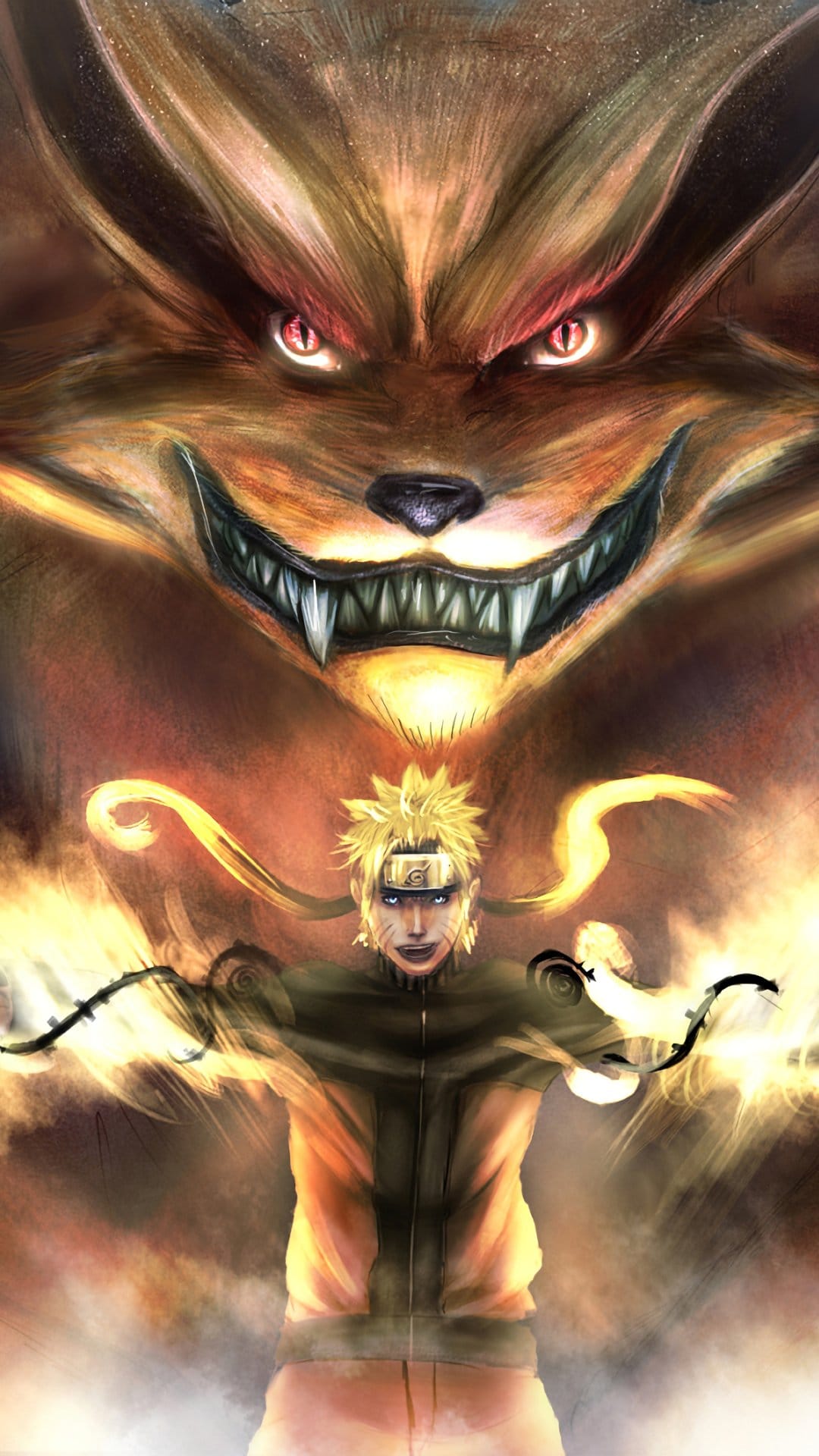 Naruto Uzumaki stands in a golden chakra cloak with the massive Nine-Tails fox snarling behind him in a fiery glow.