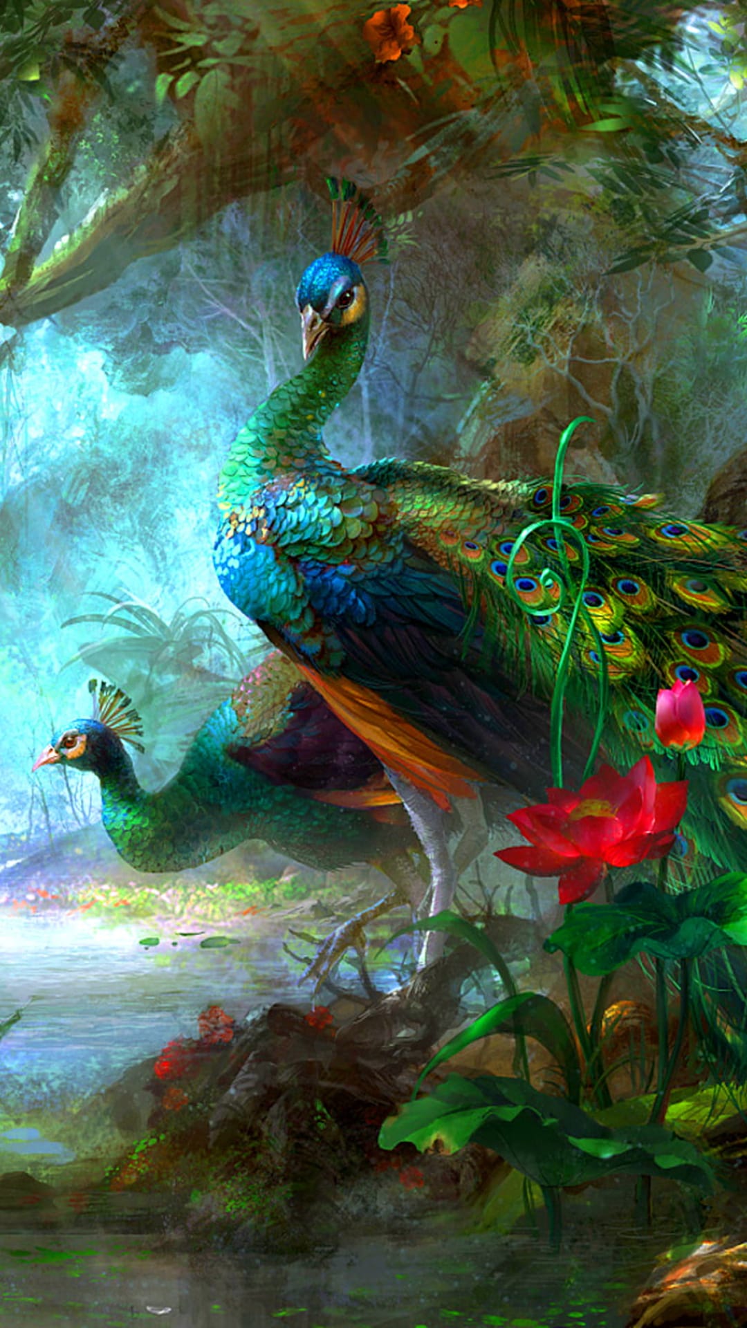 Two peacocks with iridescent feathers stand by a pond with red lotus flowers and floating green water lilies.