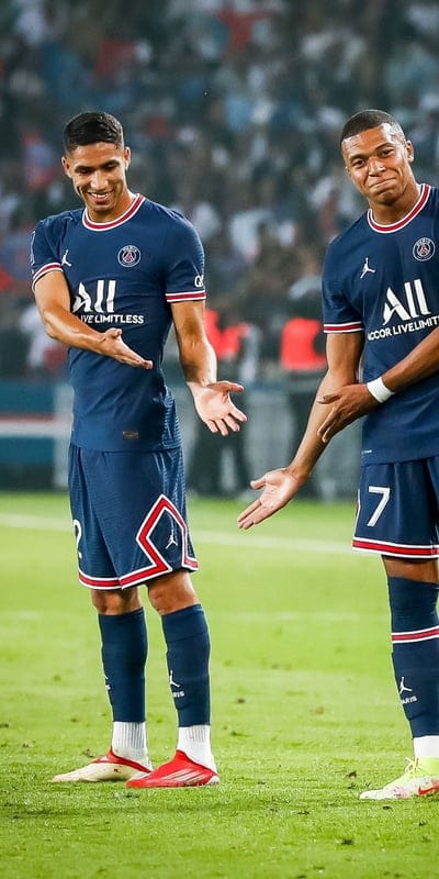 HAKIMI AND MBAPPE, sports uniform, celebration, football 