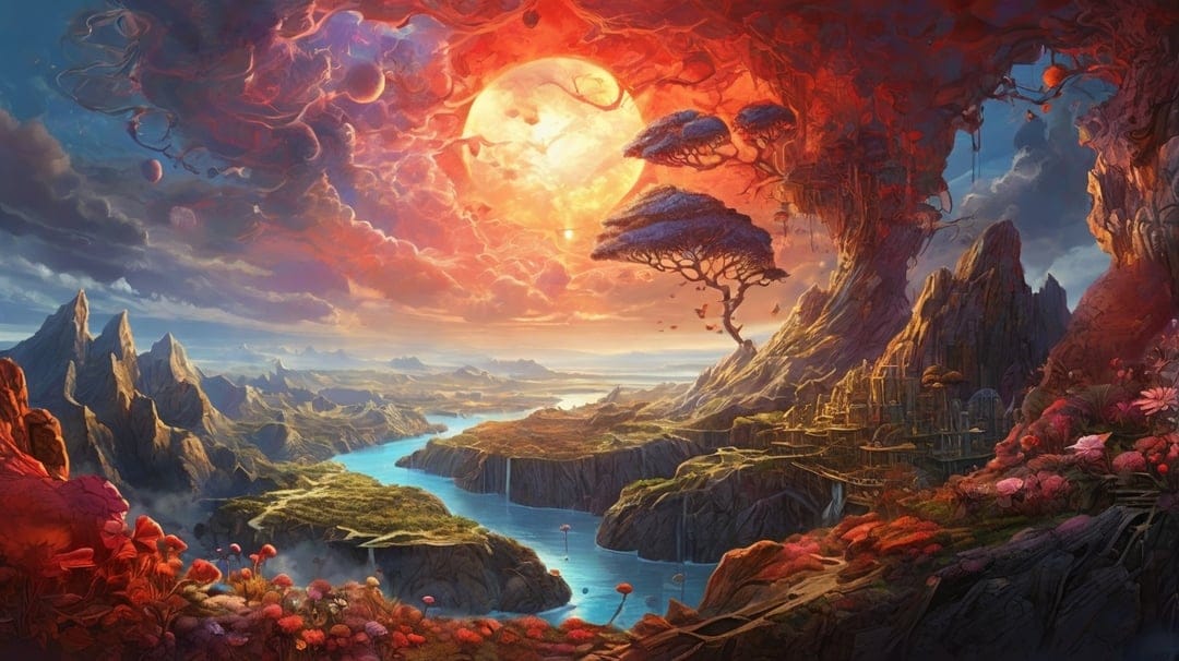 Massive red-canopied tree overlooks a winding turquoise river and sharp mountain peaks under a fiery orange sun.