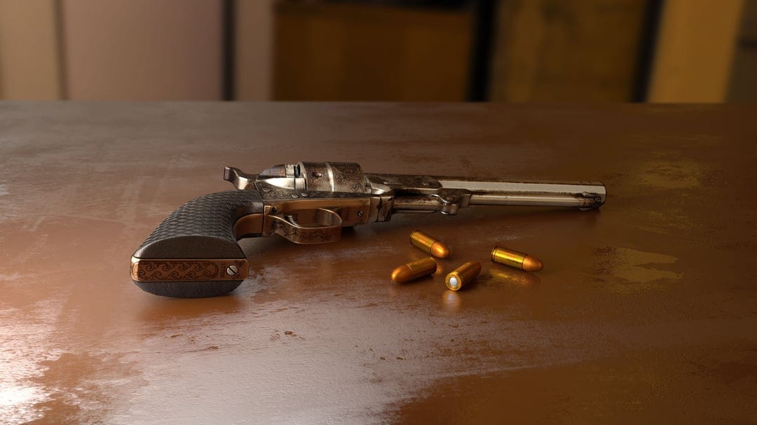 Classic steel revolver with a wooden grip lying next to scattered brass bullets on a dark polished timber table.