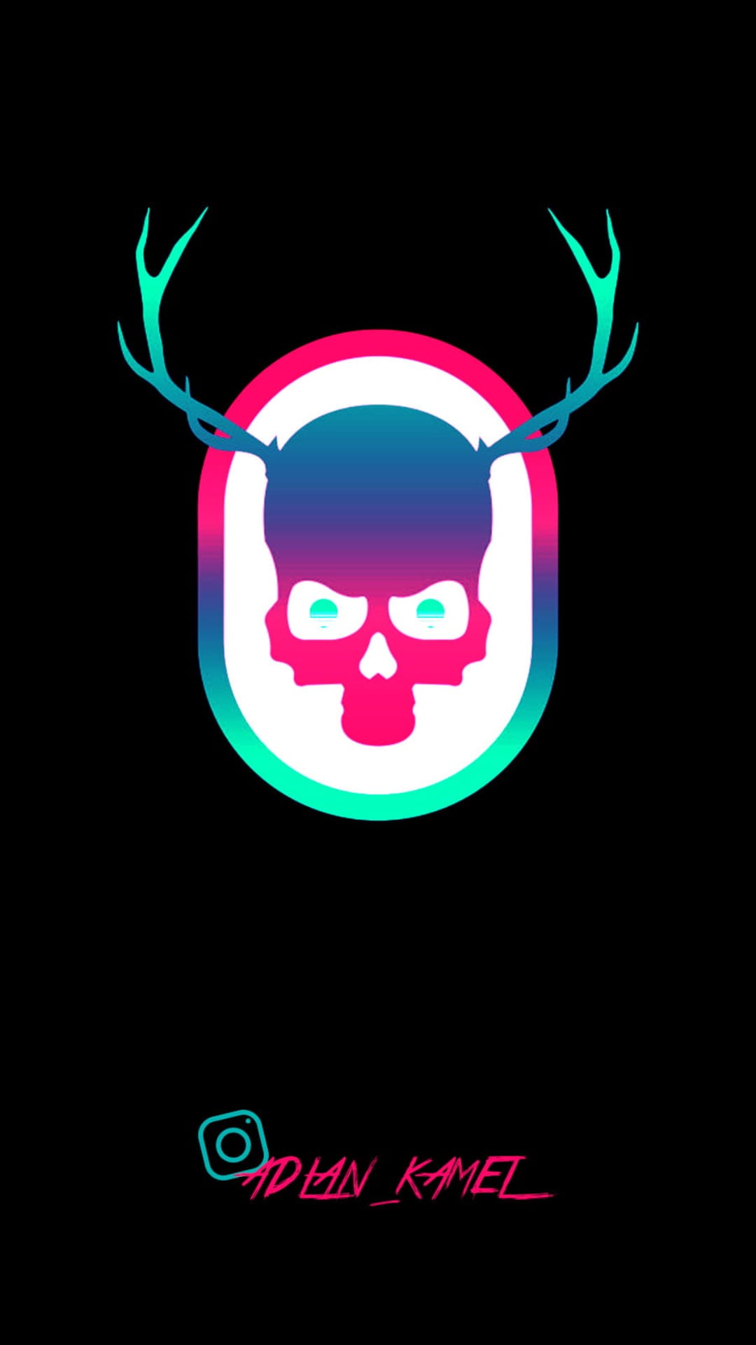 Antlered skull glowing with pink and blue neon gradients inside a rounded frame on a black vertical background.