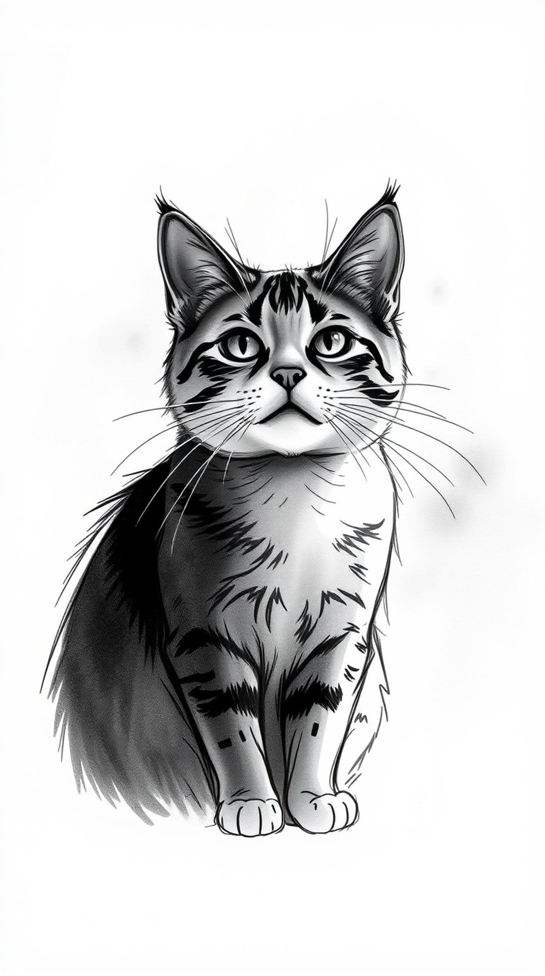 Tabby cat sits upright with pointed ears and striped fur patterns, focusing its expressive gaze directly forward.