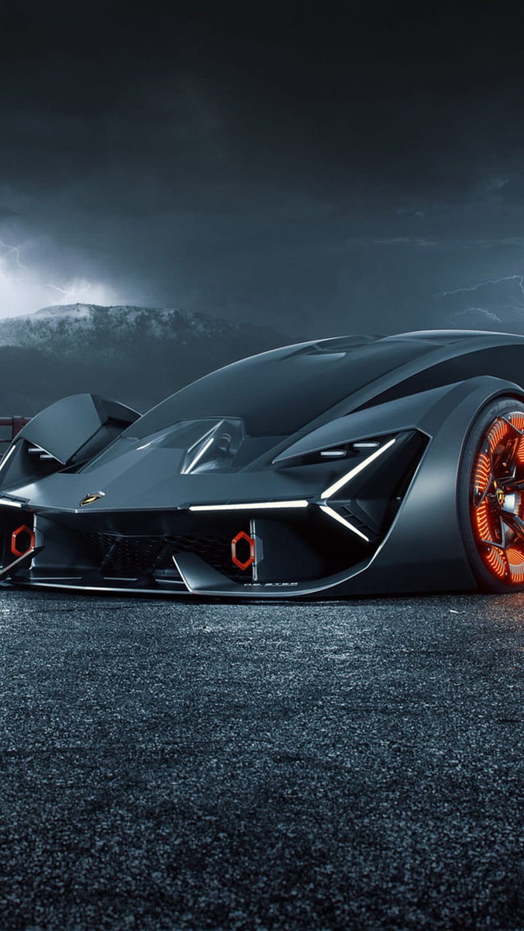 Orange-glowing Lamborghini supercar on a wet road with lightning illuminating a dark mountain landscape behind it.