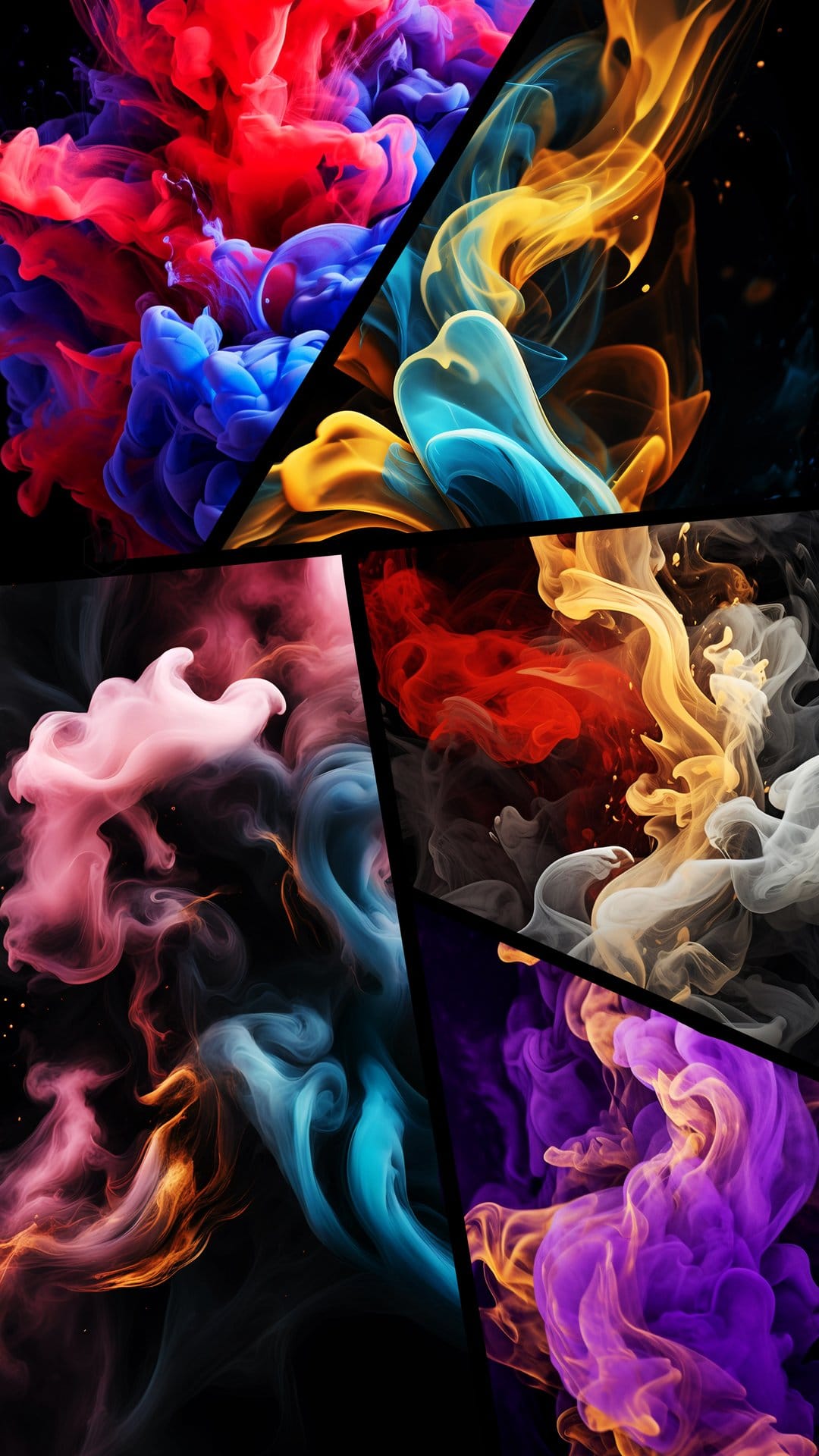 Intertwined swirls of red, blue, and purple smoke and ink dissipate against a solid black background.