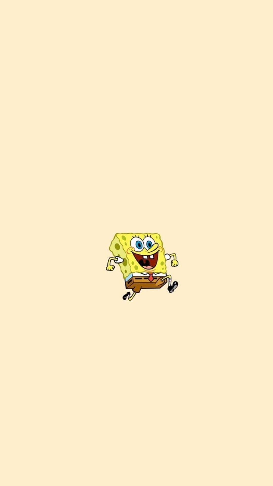 SpongeBob SquarePants dashes with wide eyes against a smooth cream background for a vertical mobile layout.