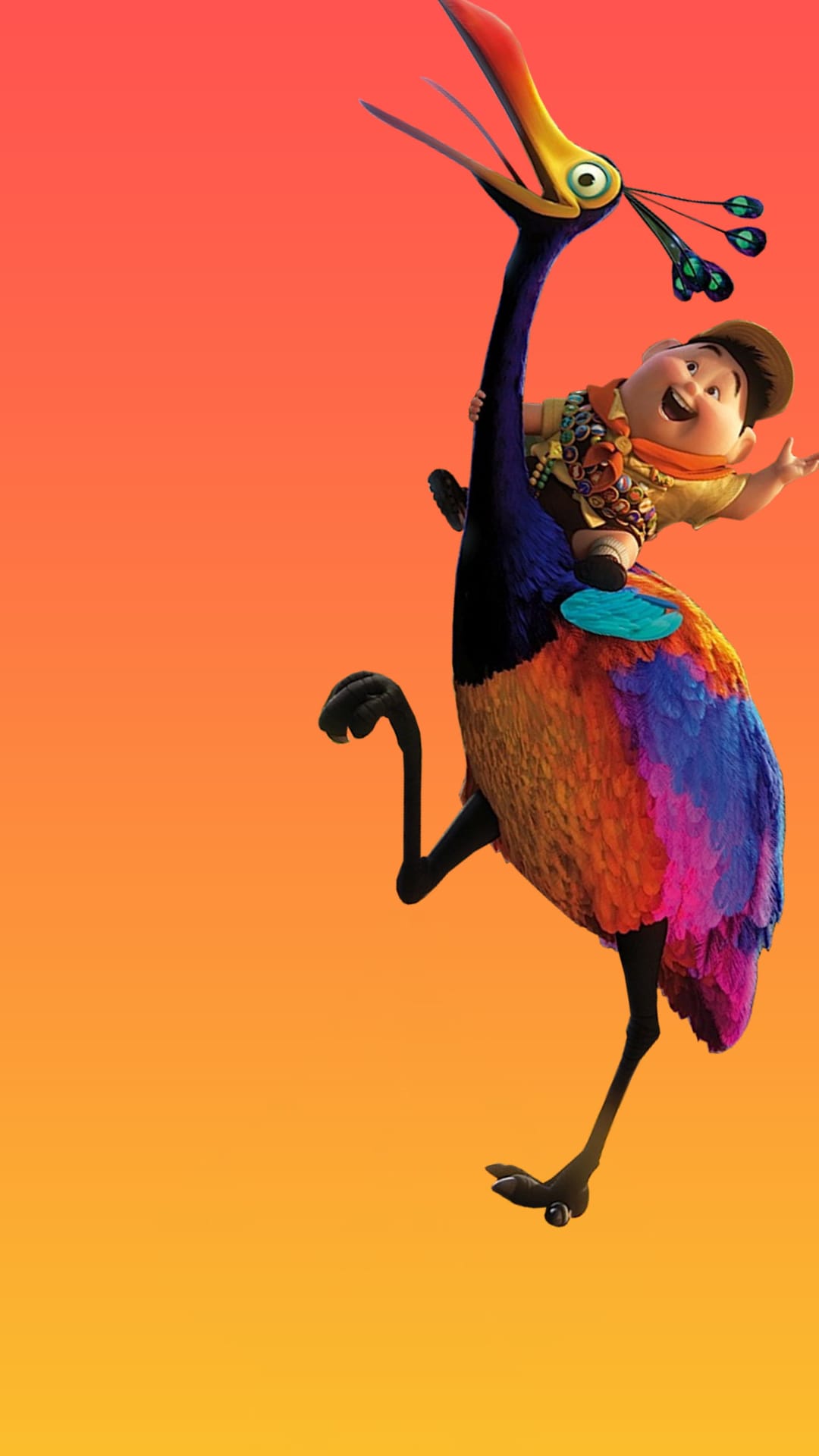Russell the boy scout sits on Kevin the giant colorful bird's back against a bright orange and yellow sky.