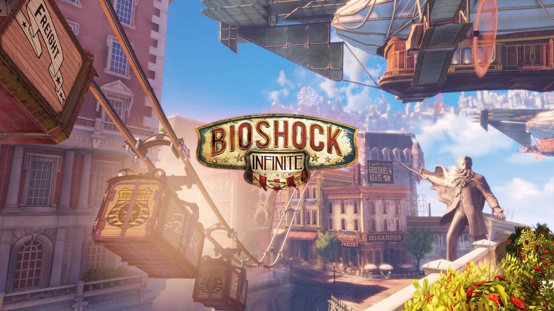 BioShock Infinite logo over the floating city of Columbia with sky-lines, airships, and golden sunlight.