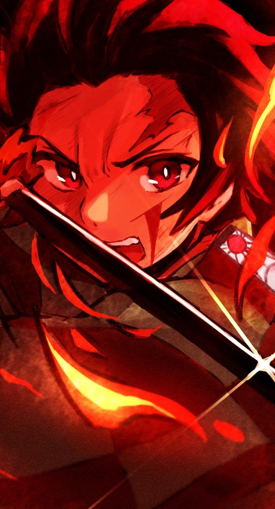 Anime warrior with glowing red eyes and spiky hair holds a katana engulfed in swirling orange fire and embers.