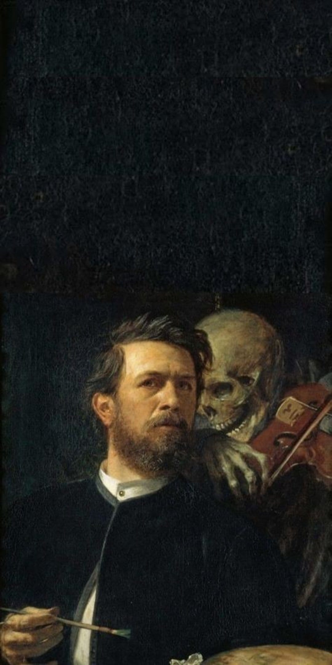 Painter holding a wooden palette while a grinning skeleton plays a violin in a dark classical memento mori scene.