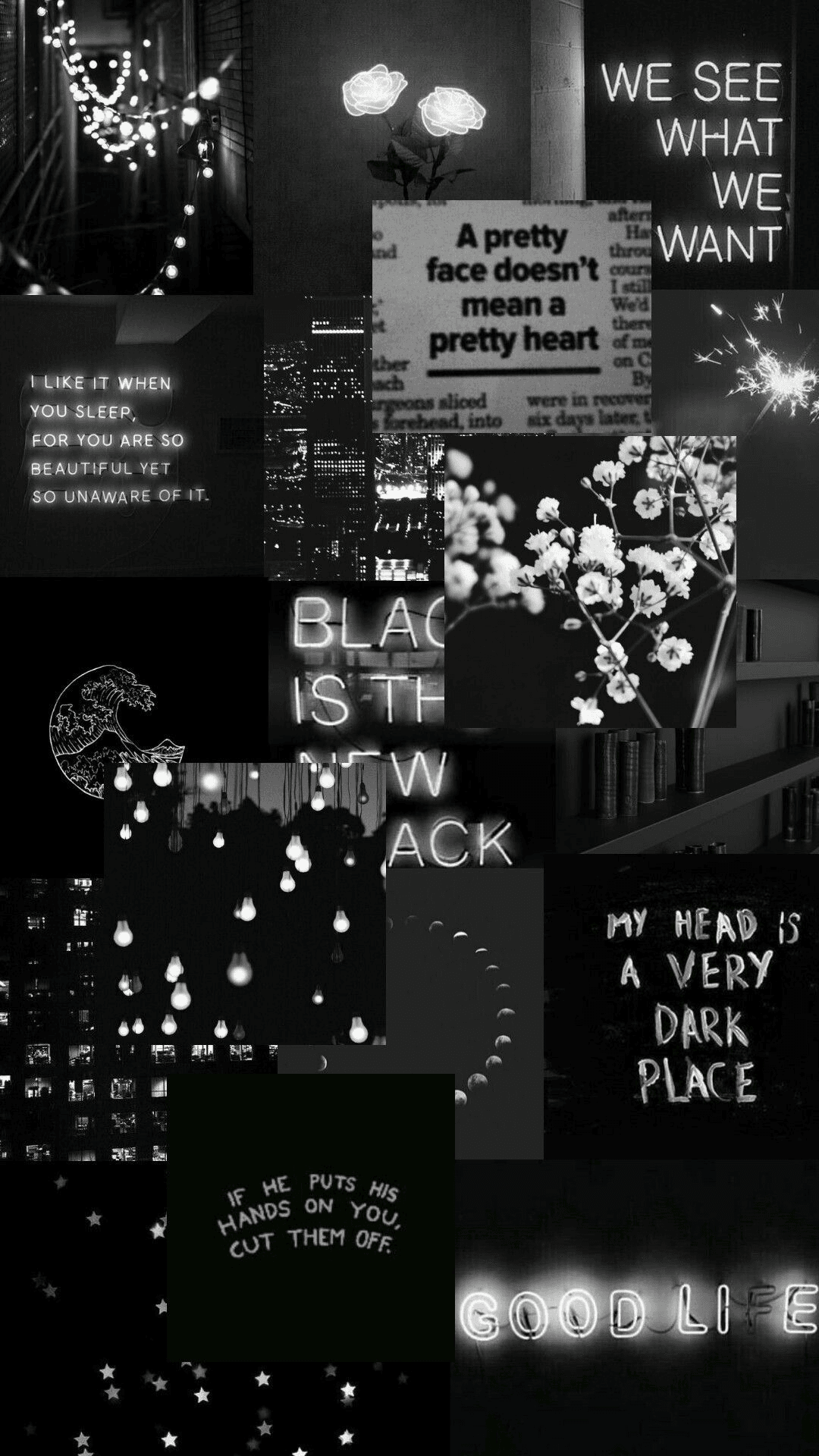 Glowing pink neon text overlays a monochromatic collage of city streets, blooming flowers, and starry night skies.