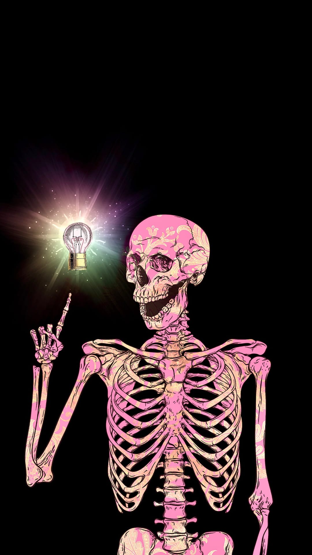Pink patterned skeleton pointing upward at a luminous yellow lightbulb against a stark black background.
