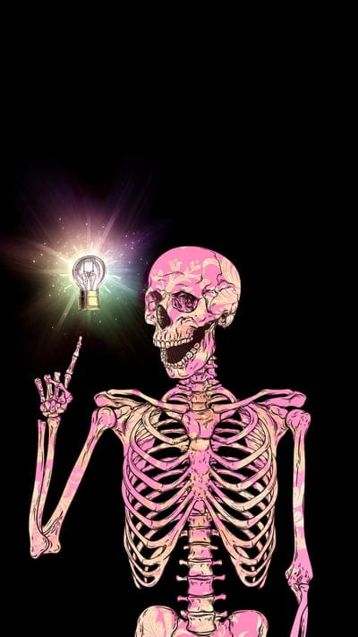 Skeleton’s Bright Idea, funny, funny , humor, light bulb, paisley, pink skeleton, skeleton, skull, skull , trending