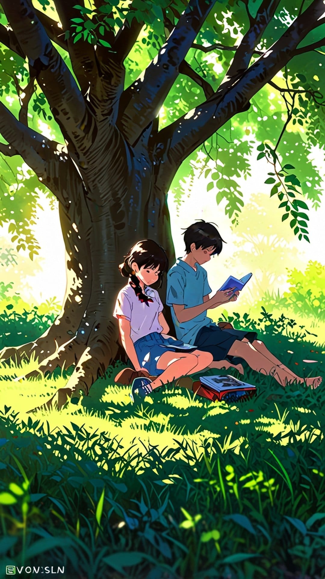 Boy and girl read books on grass under a large leafy tree with sunlight filtering through branches in summer.
