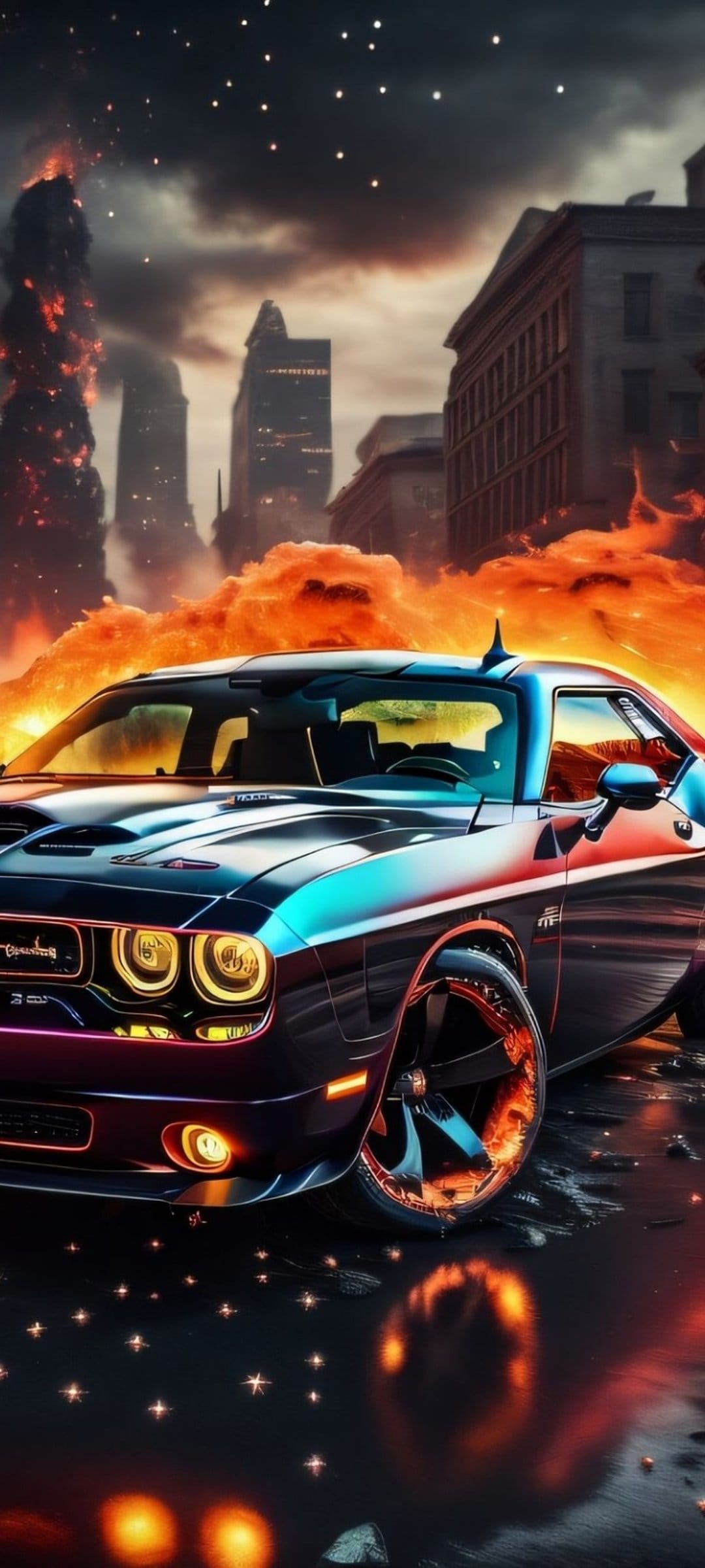 Black Dodge Challenger on a wet street with glowing headlights amidst roaring orange flames and city ruins.