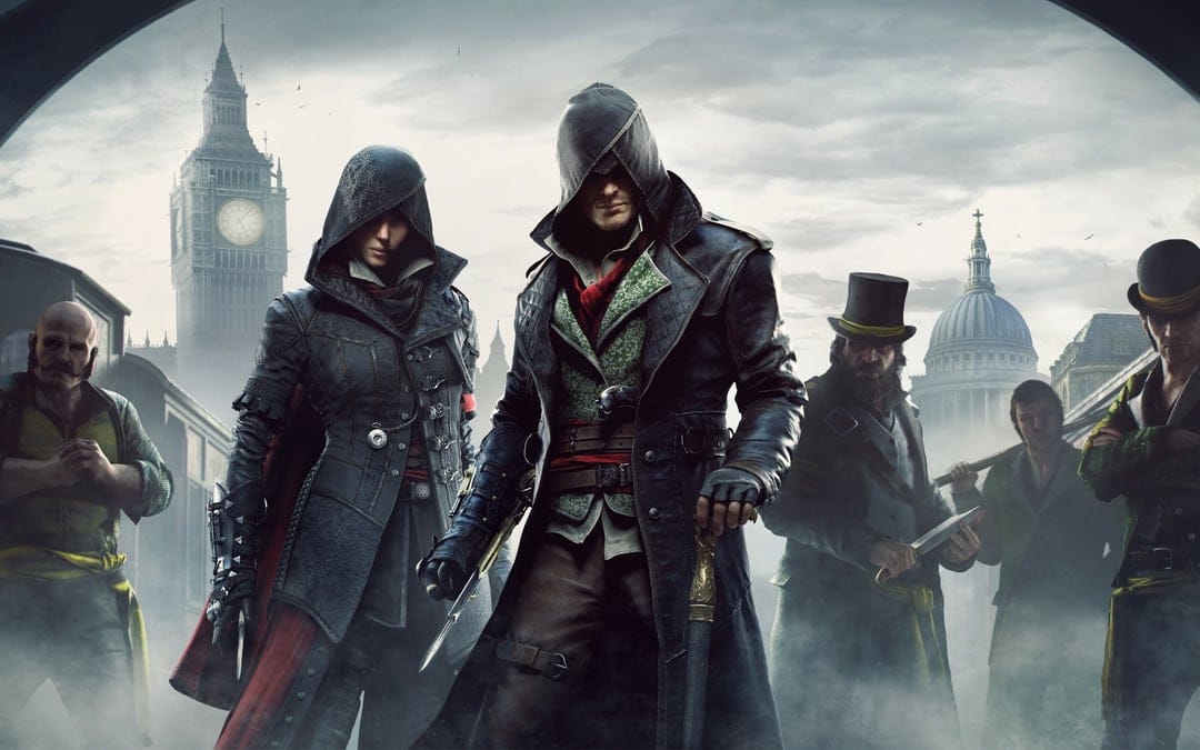 Jacob and Evie Frye with their gang in foggy Victorian London featuring Big Ben and St. Paul's Cathedral.
