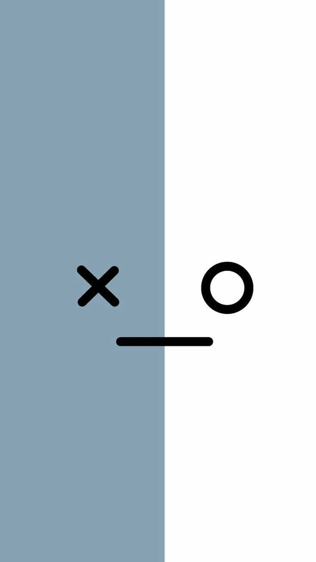 Black X and O symbols sit centered on a vertically divided light blue-grey and white background above a line.